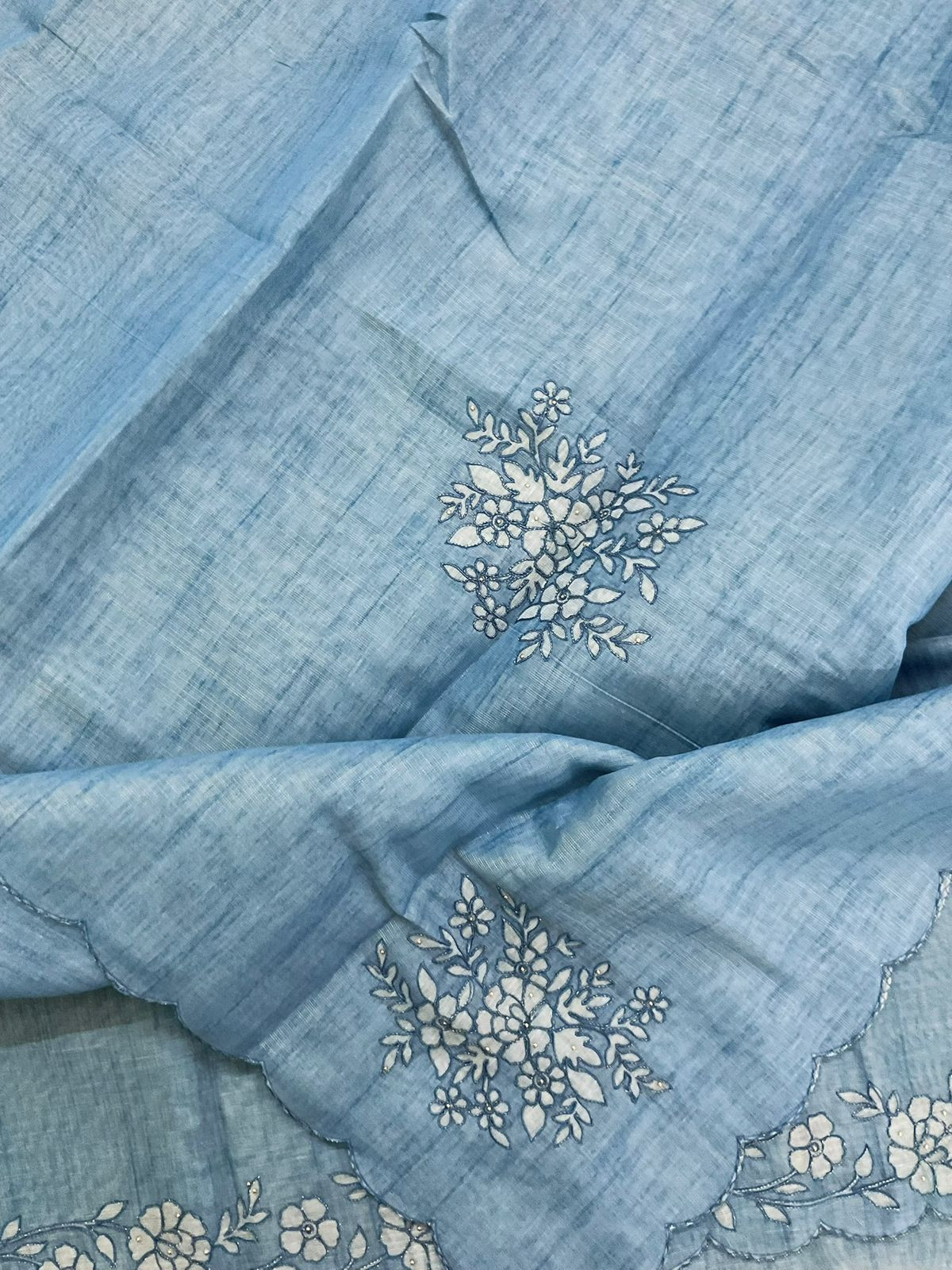 Soft Tissue Slub Cotton Printed Embroidered Suit - Blue