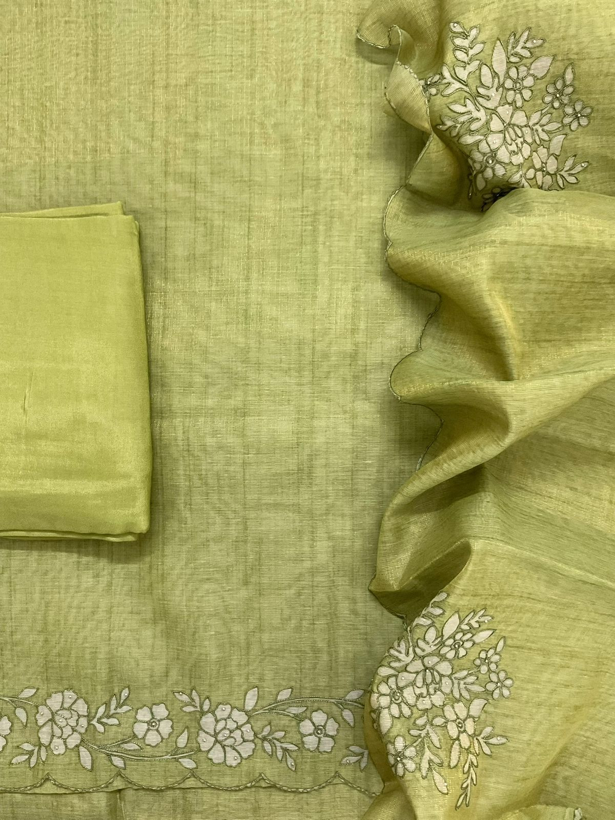 Soft Tissue Slub Cotton Printed Embroidered Suit - Green