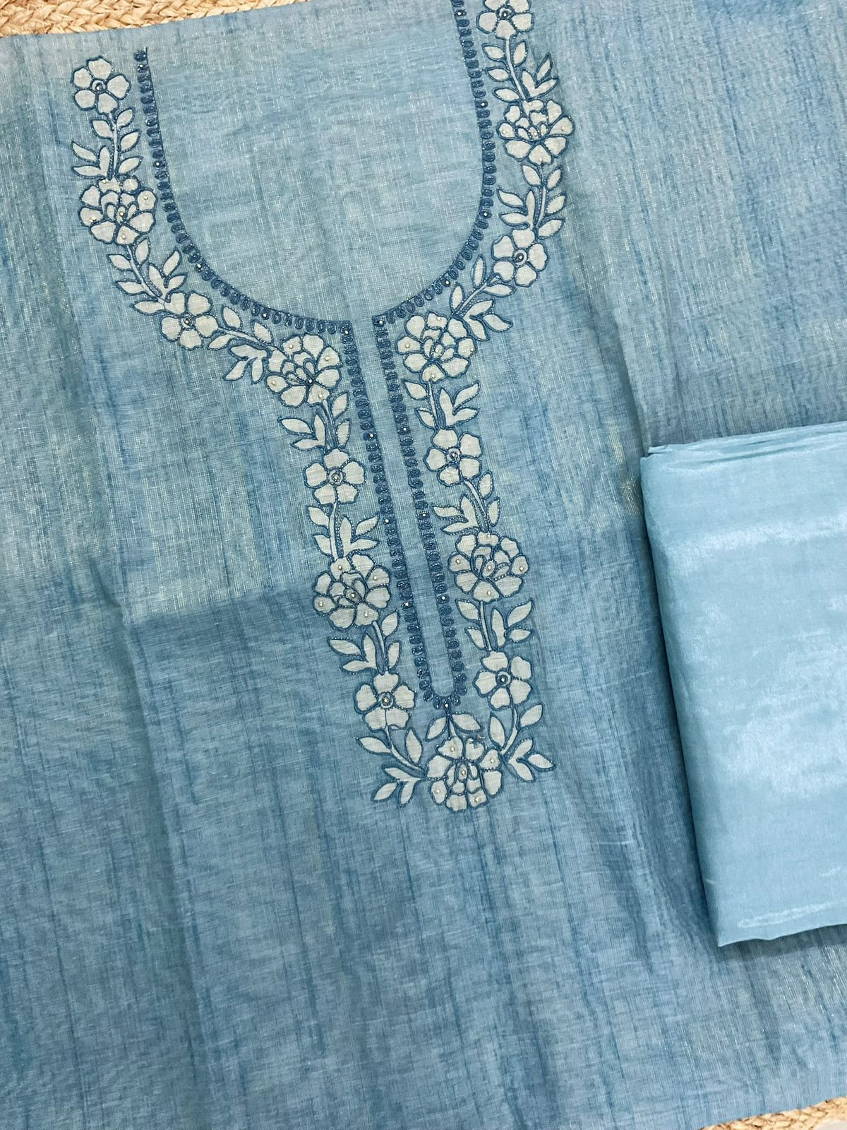 Soft Tissue Slub Cotton Printed Embroidered Suit - Blue