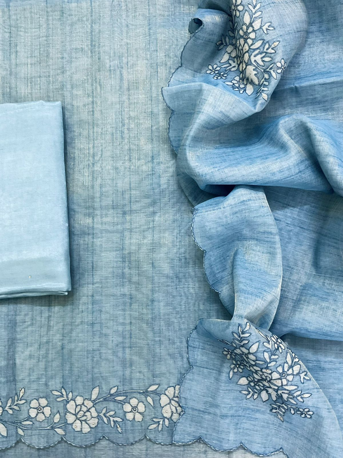 Soft Tissue Slub Cotton Printed Embroidered Suit - Blue