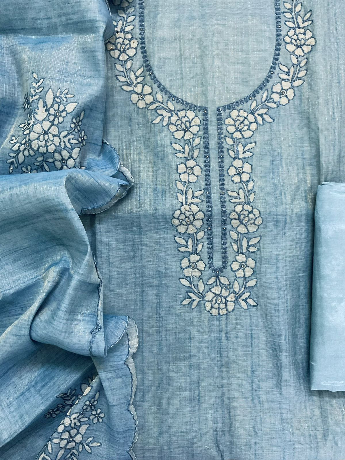 Soft Tissue Slub Cotton Printed Embroidered Suit - Blue