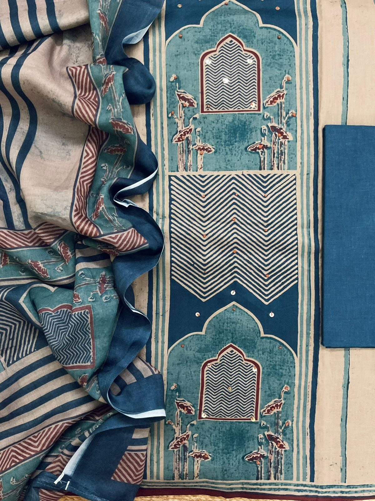 Pure Cotton Printed Embroidered Suit - Beige