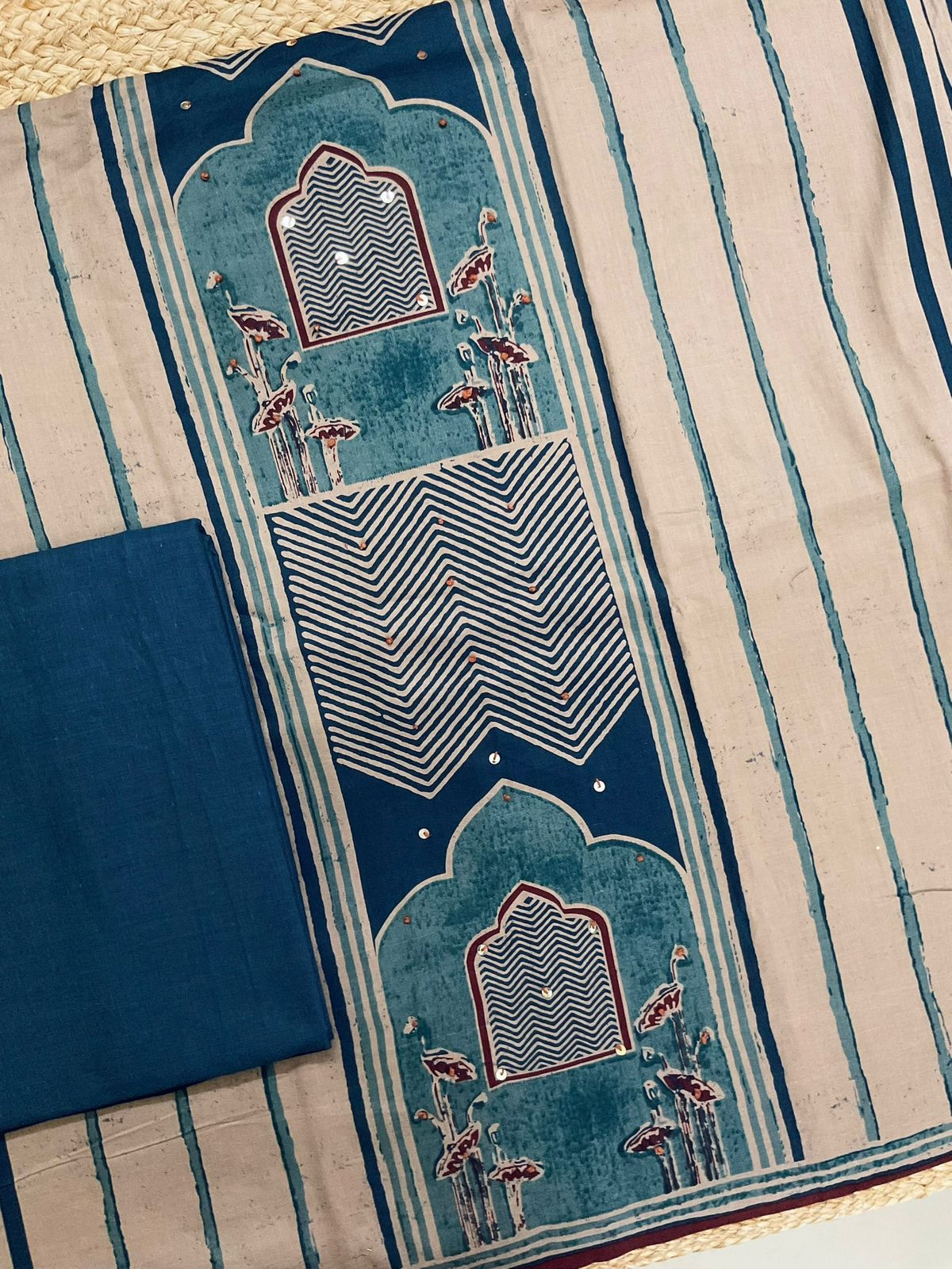 Pure Cotton Printed Embroidered Suit - Beige