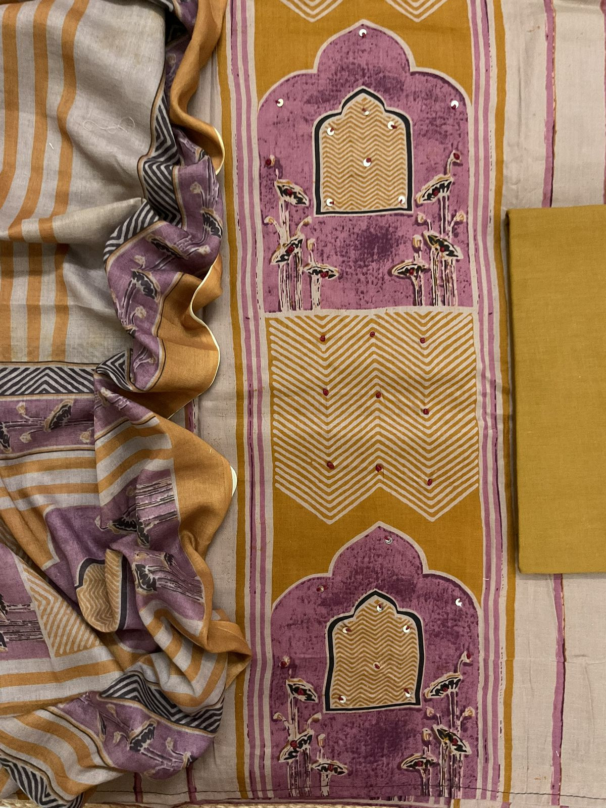 Pure Cotton Printed Embroidered Suit - Beige