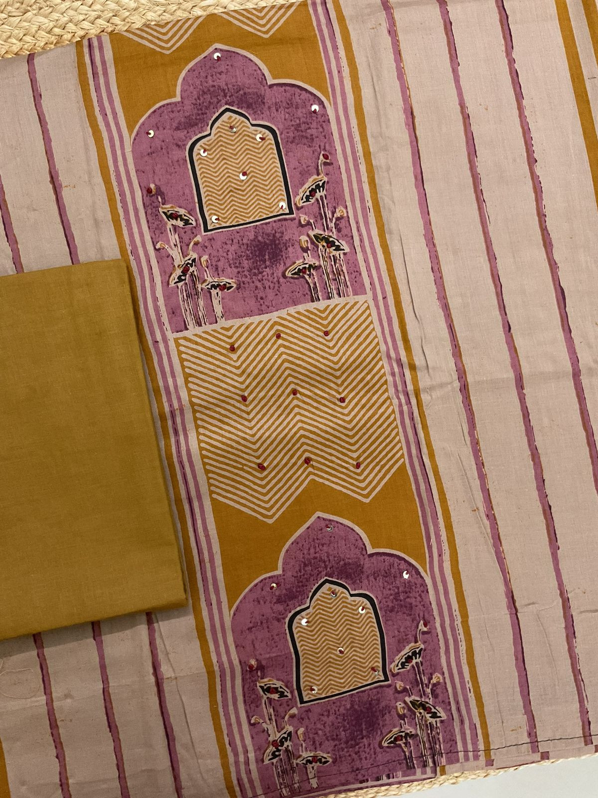 Pure Cotton Printed Embroidered Suit - Beige