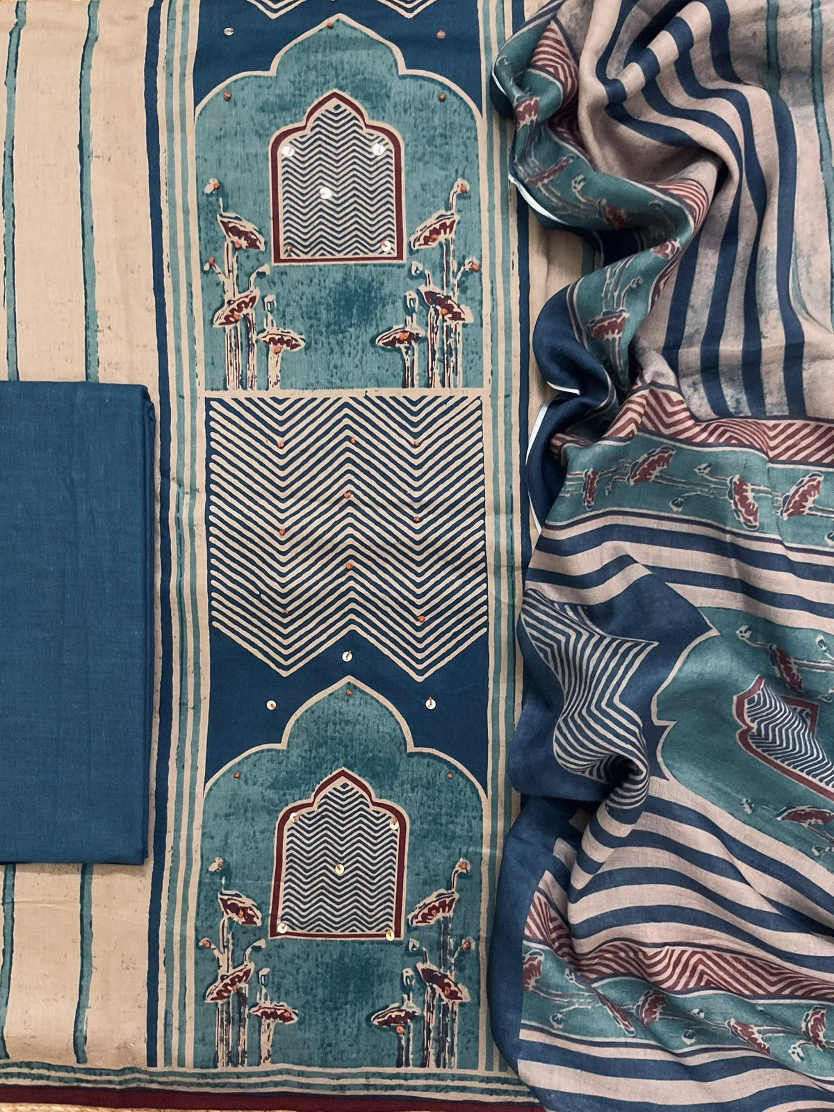 Pure Cotton Printed Embroidered Suit - Beige