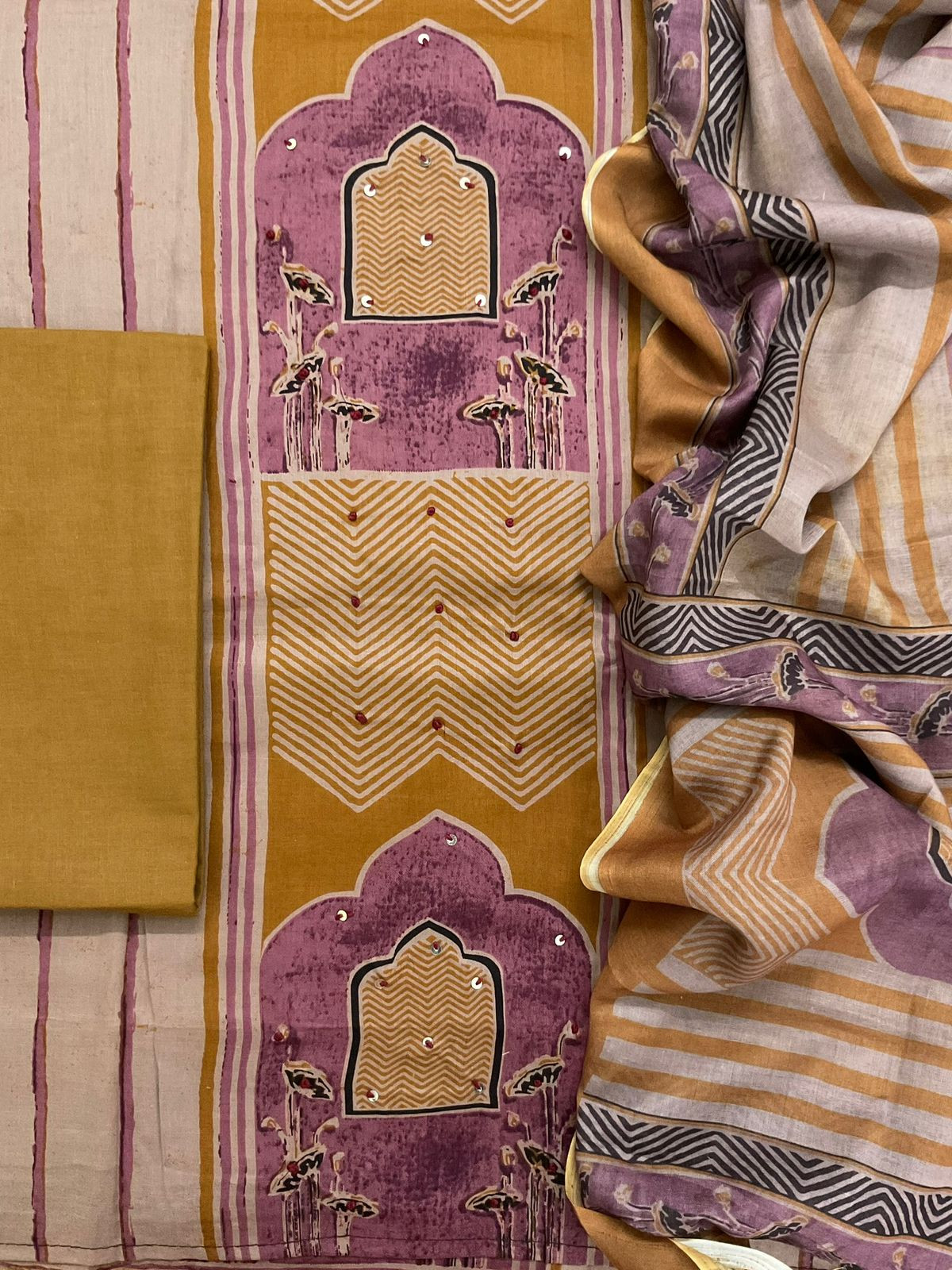 Pure Cotton Printed Embroidered Suit - Beige