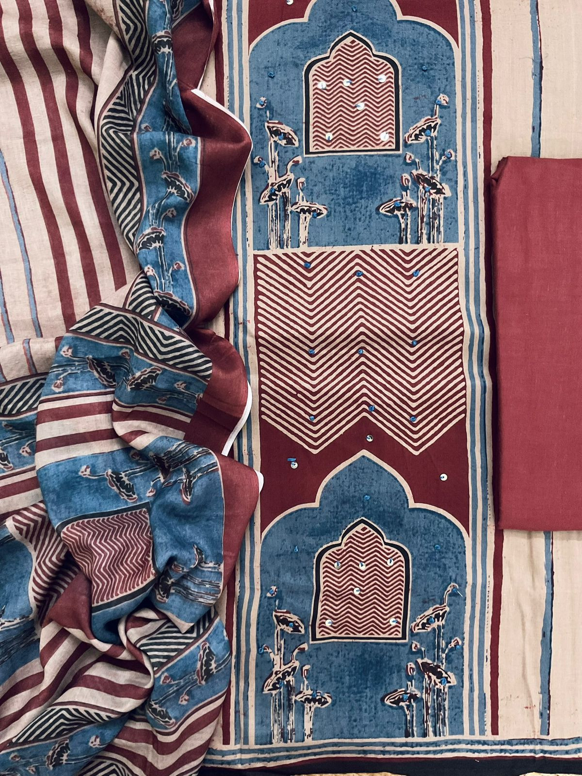 Pure Cotton Printed Embroidered Suit - Beige