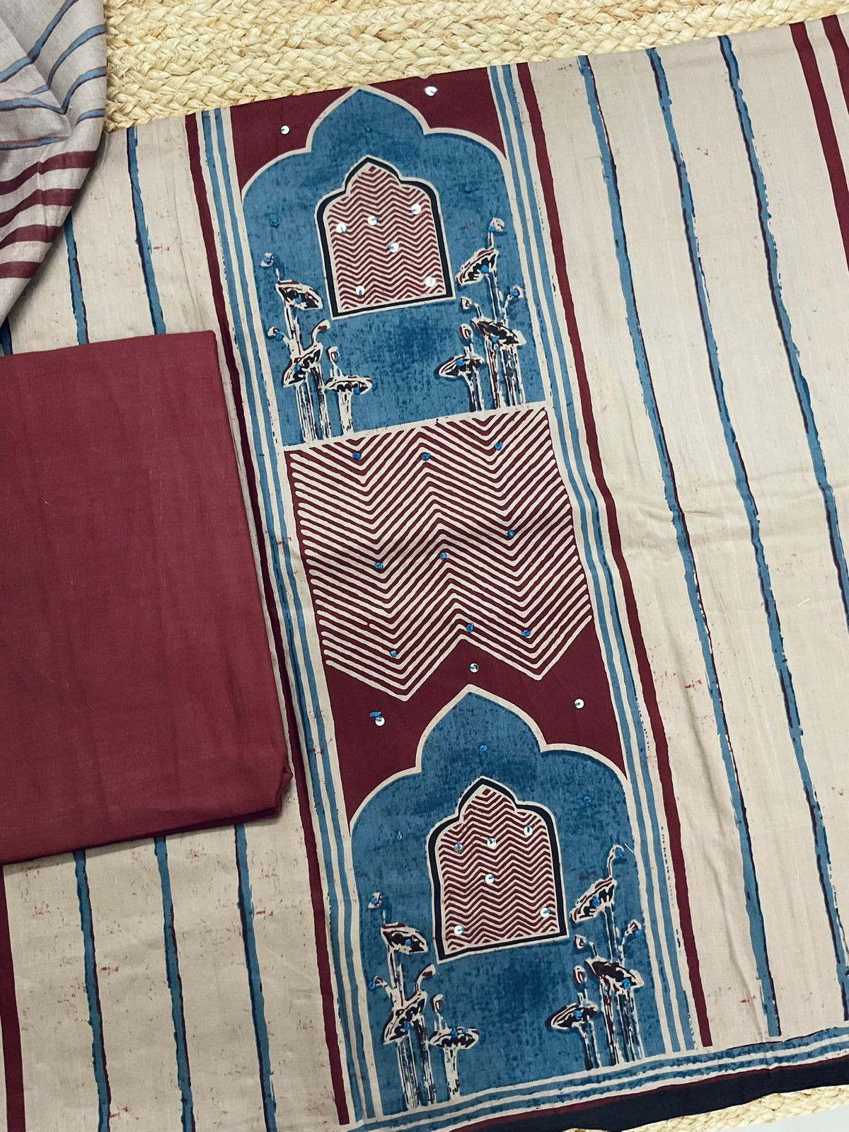 Pure Cotton Printed Embroidered Suit - Beige