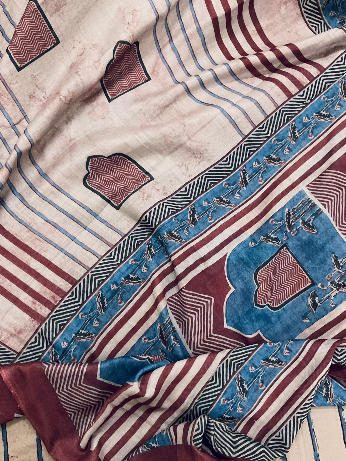 Pure Cotton Printed Embroidered Suit - Beige