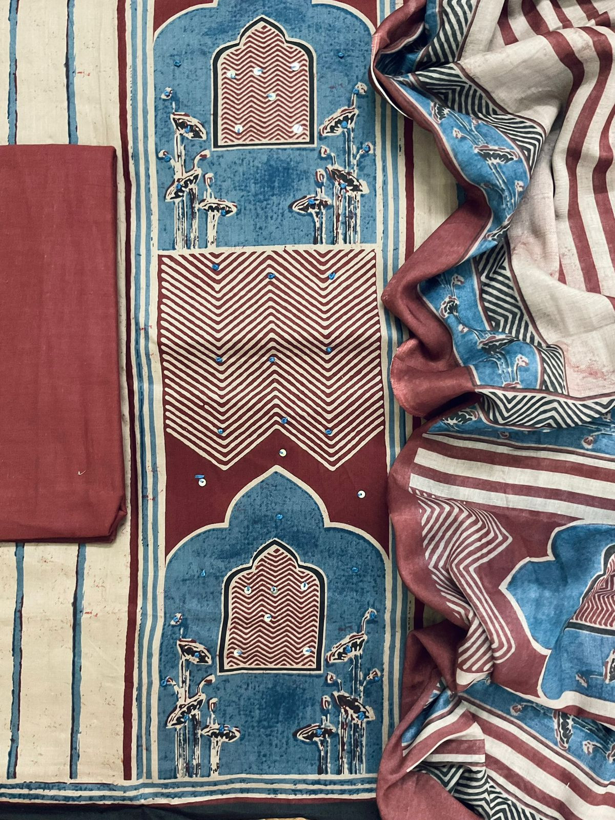 Pure Cotton Printed Embroidered Suit - Beige
