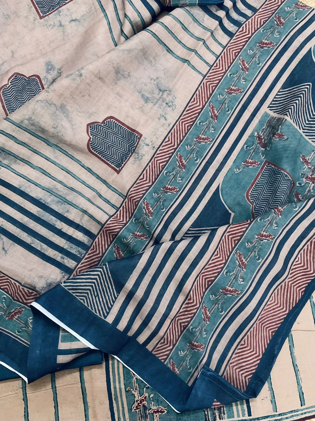 Pure Cotton Printed Embroidered Suit - Beige