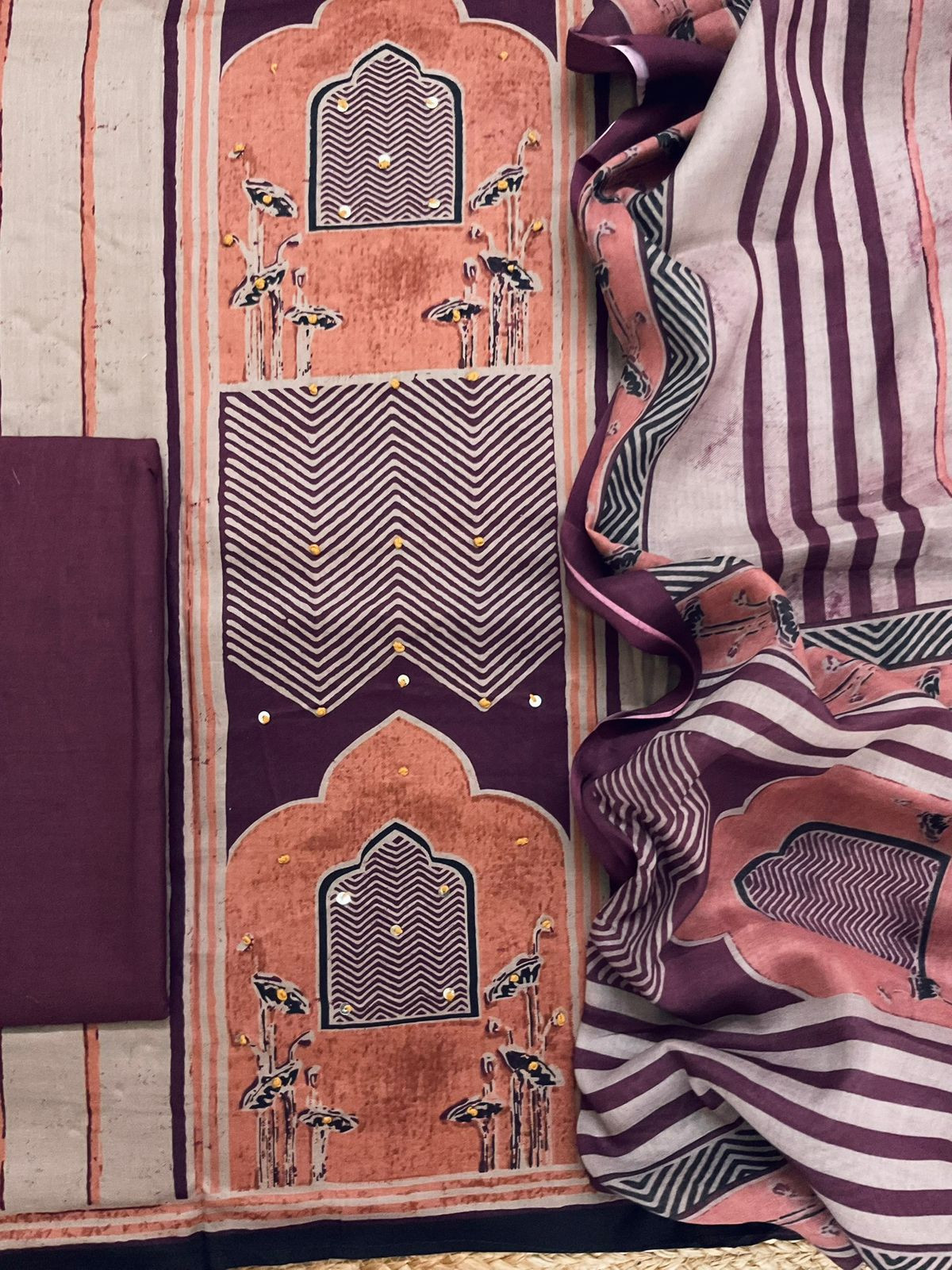Pure Cotton Printed Embroidered Suit - Beige
