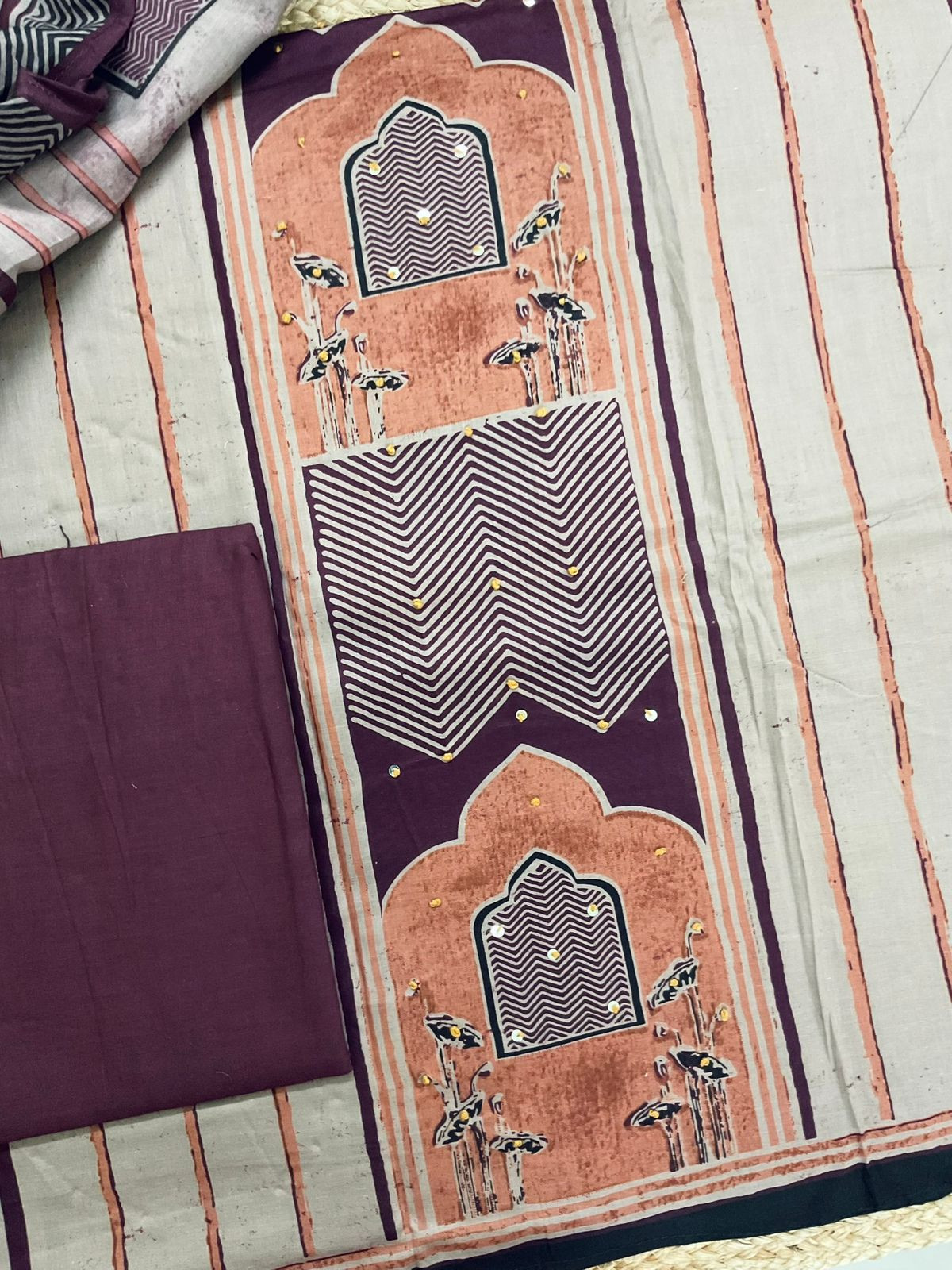 Pure Cotton Printed Embroidered Suit - Beige