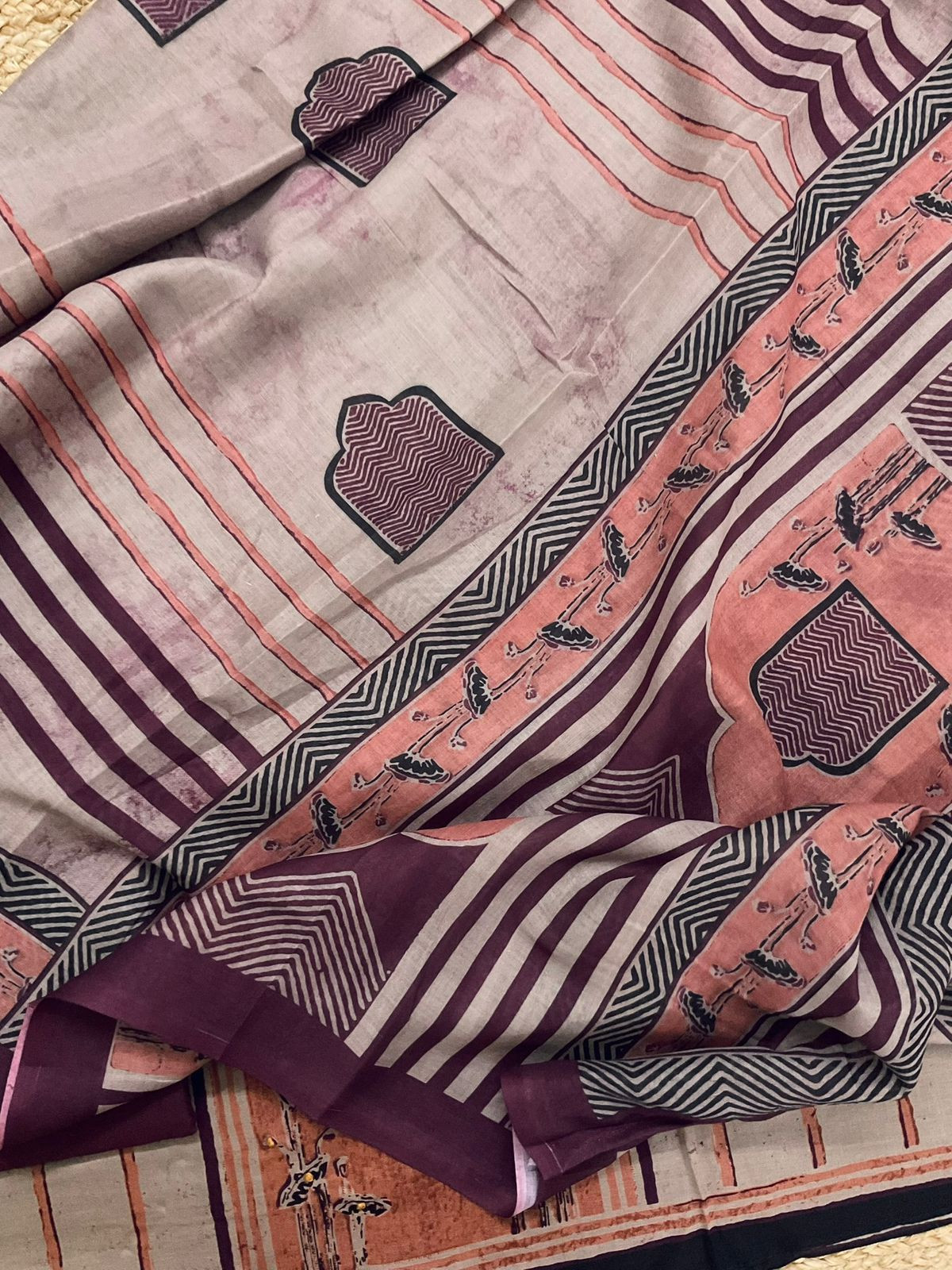 Pure Cotton Printed Embroidered Suit - Beige