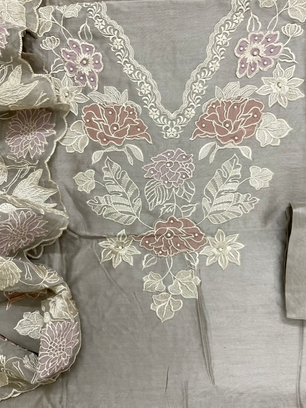 Pure Mul Chanderi Embroidered Suit - Beigish Grey