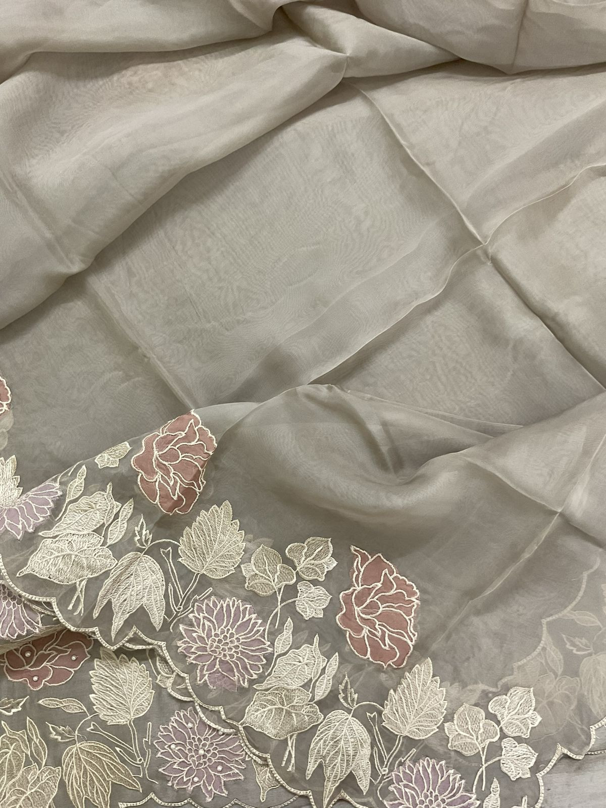 Pure Mul Chanderi Embroidered Suit - Beigish Grey