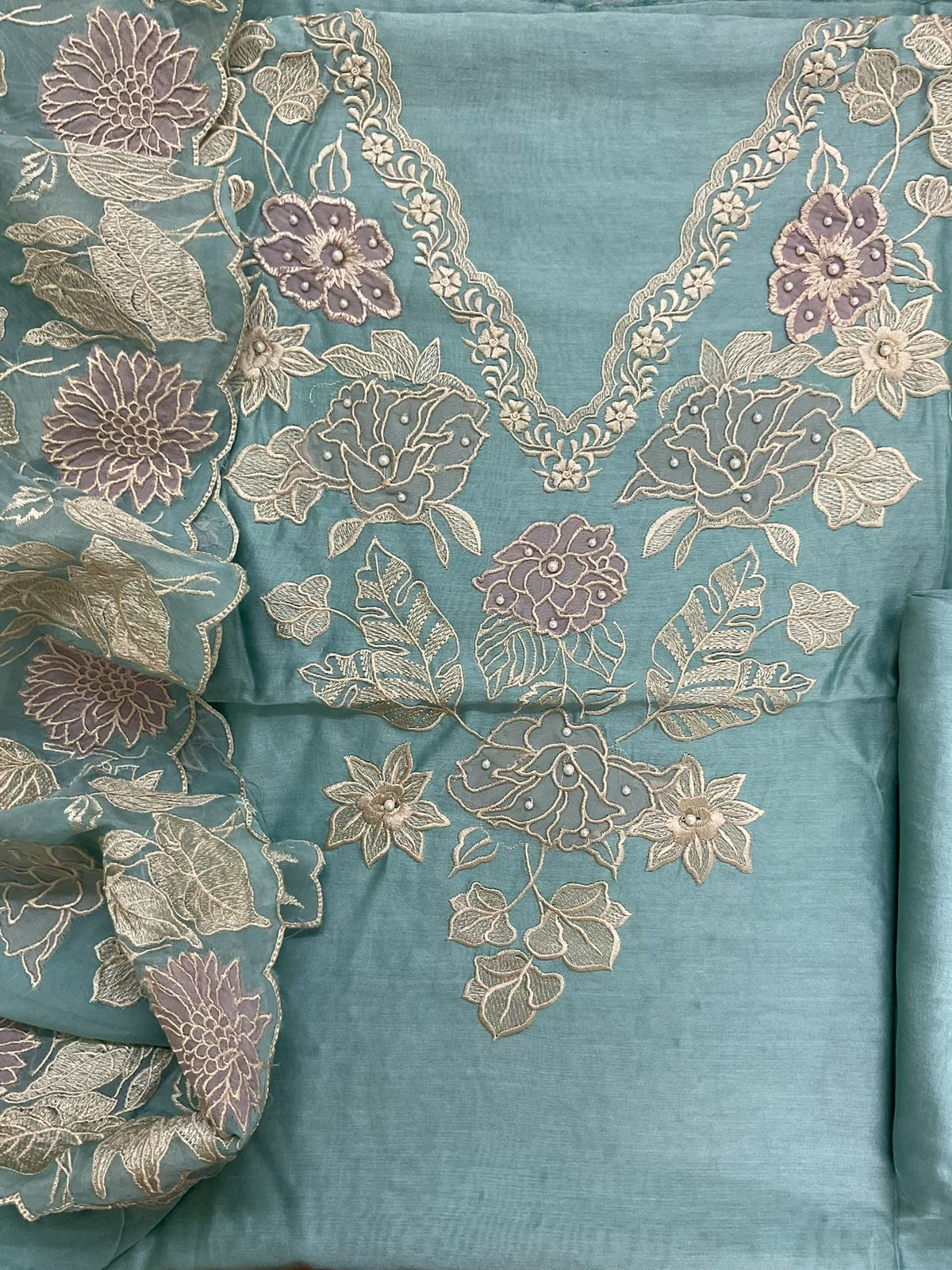 Pure Mul Chanderi Embroidered Suit - Blue