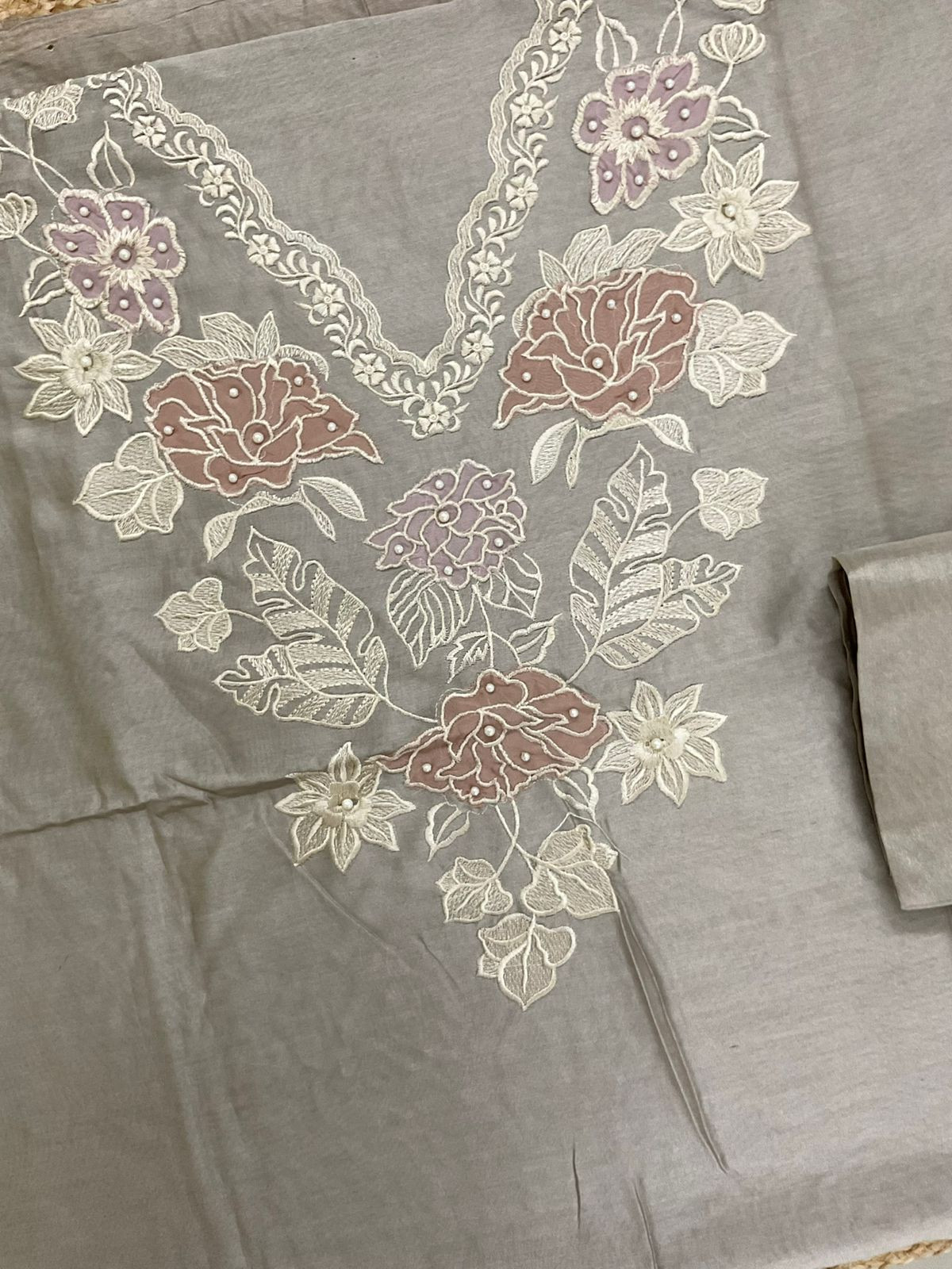 Pure Mul Chanderi Embroidered Suit - Beigish Grey
