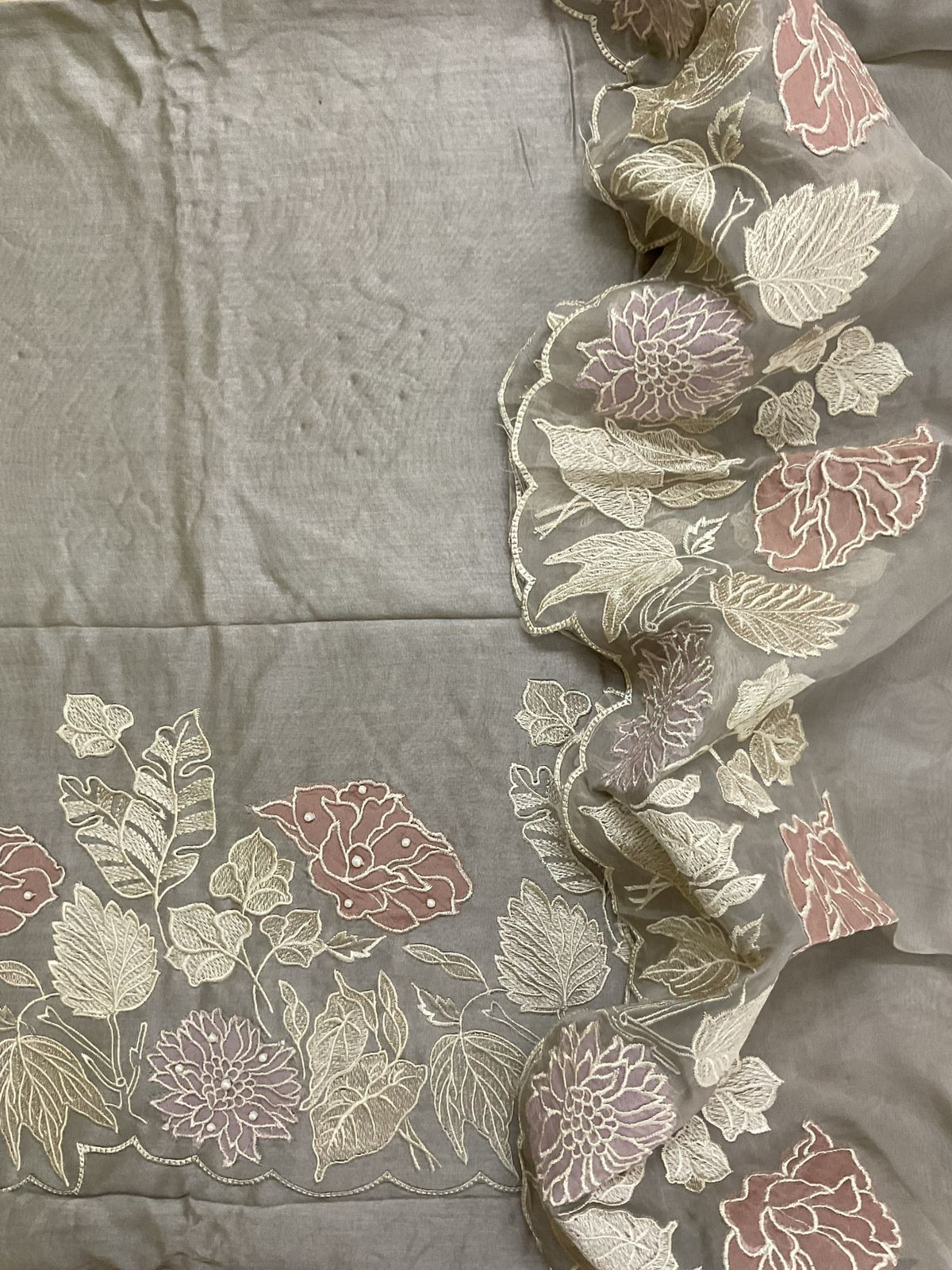 Pure Mul Chanderi Embroidered Suit - Beigish Grey