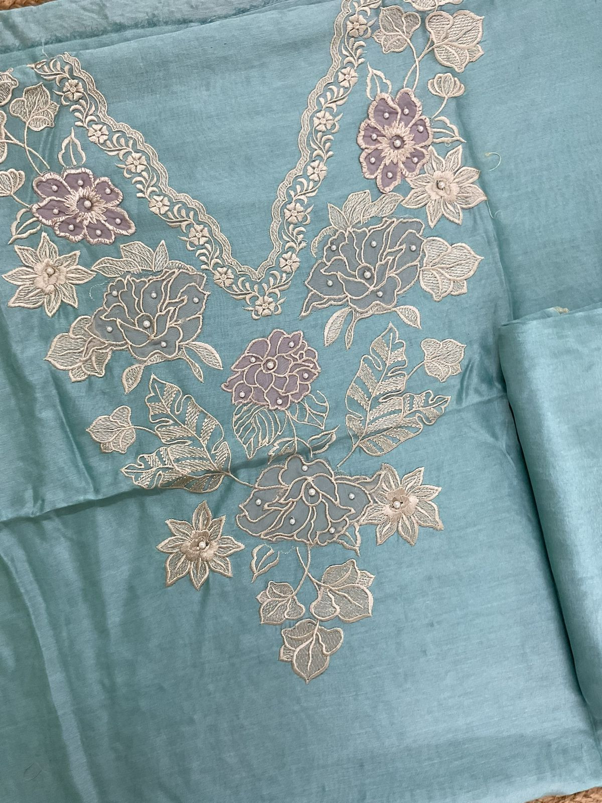 Pure Mul Chanderi Embroidered Suit - Blue
