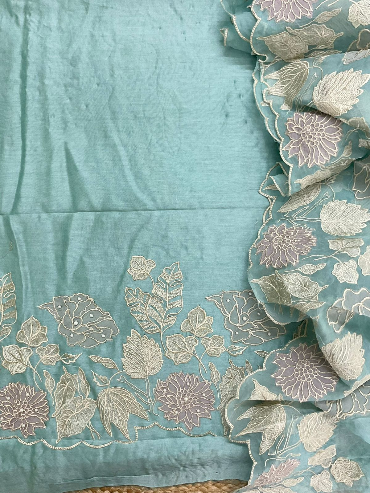 Pure Mul Chanderi Embroidered Suit - Blue