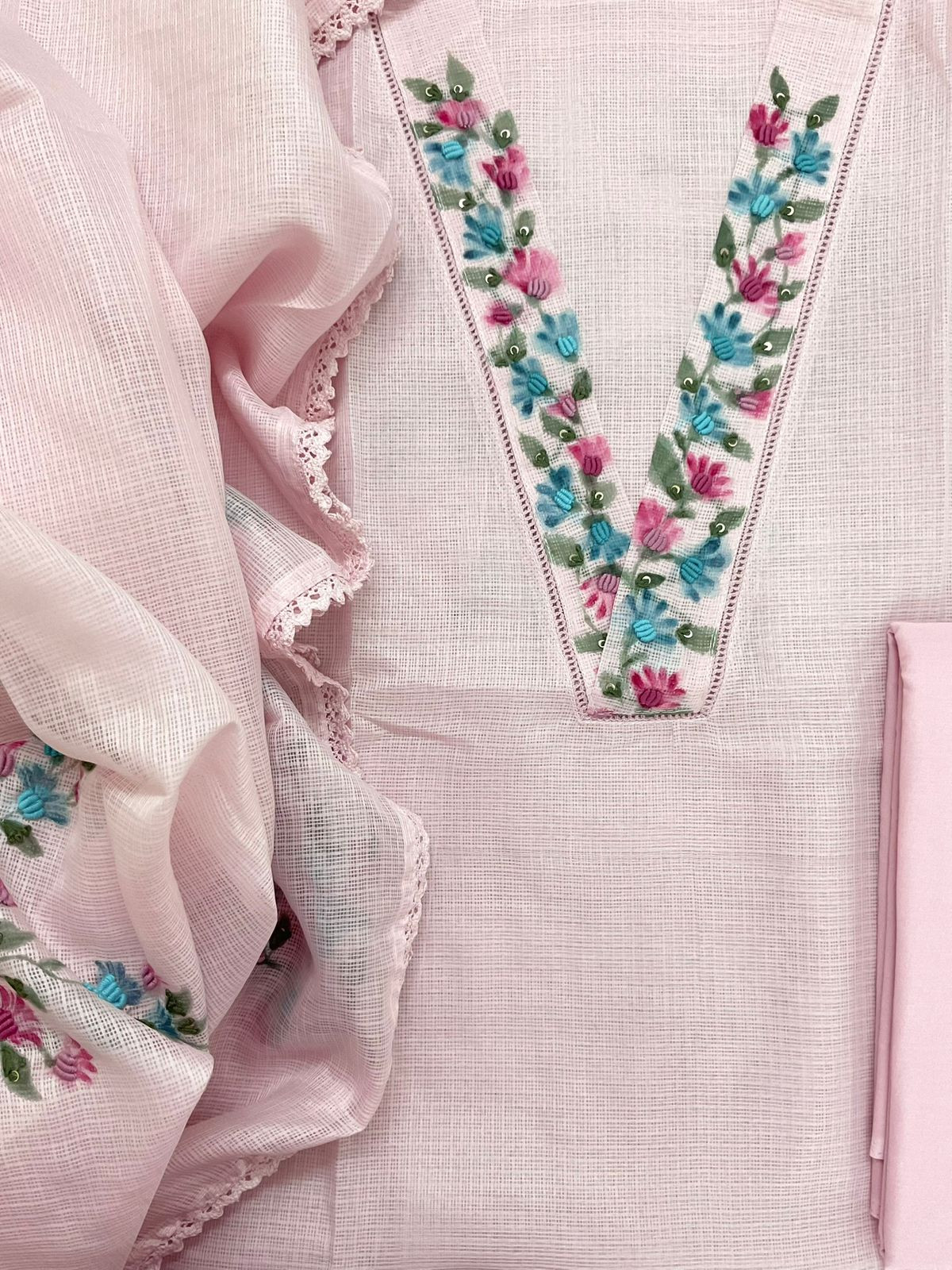 Soft Kota Silk Printed Embroidered Suit - Pink