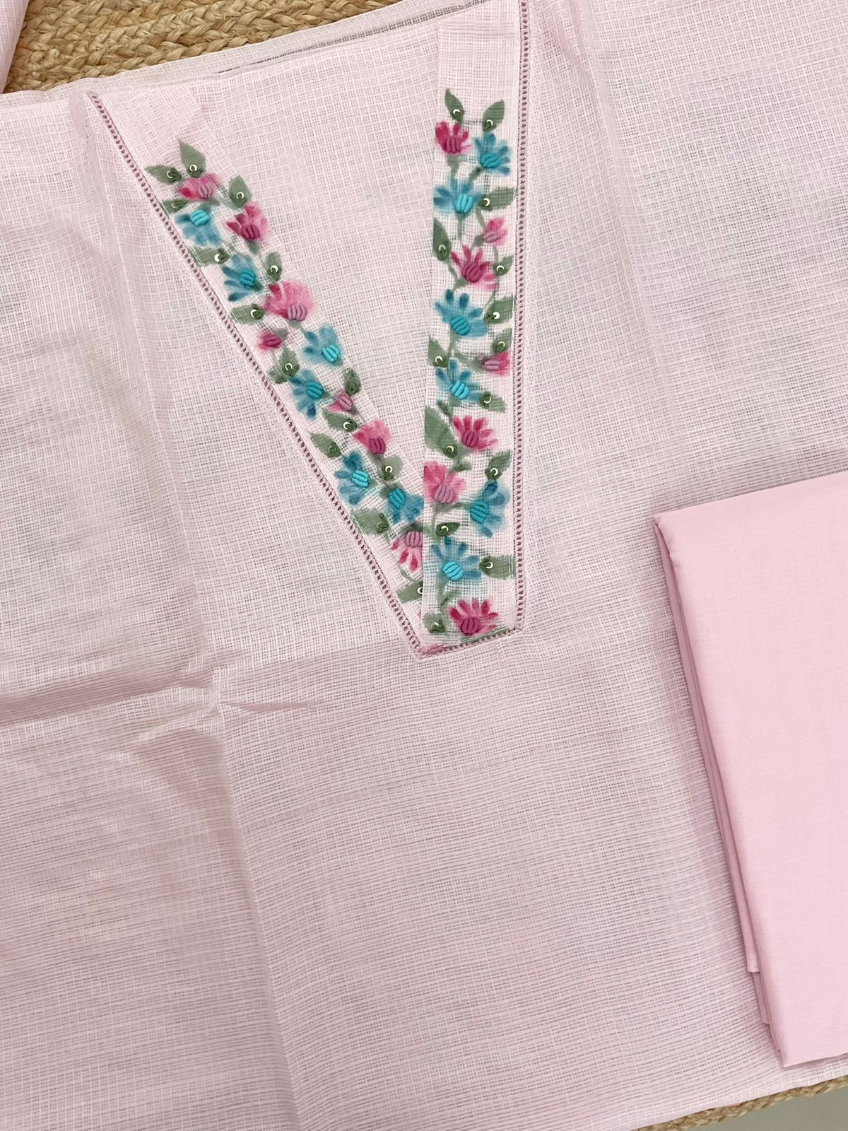 Soft Kota Silk Printed Embroidered Suit - Pink