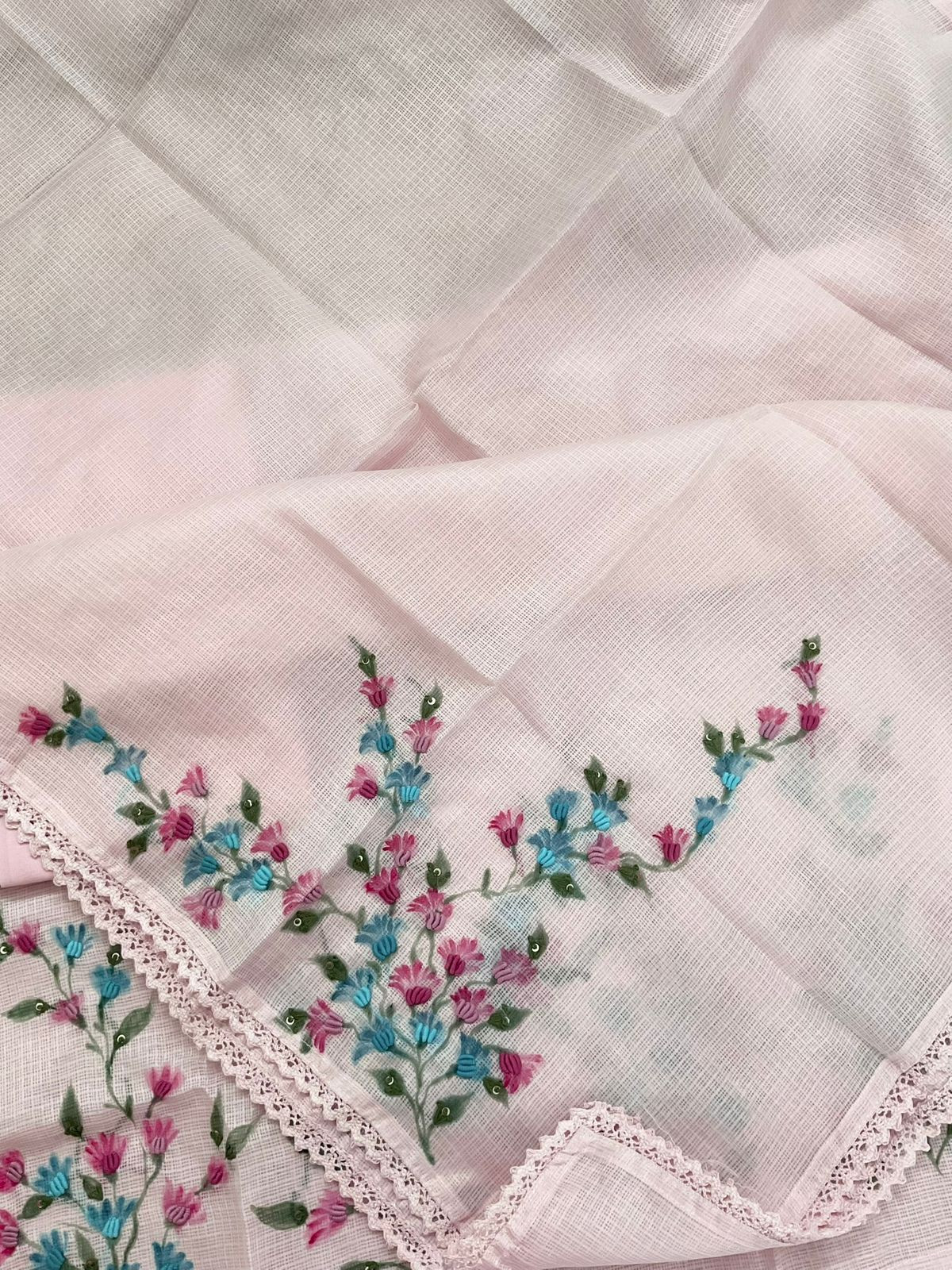 Soft Kota Silk Printed Embroidered Suit - Pink