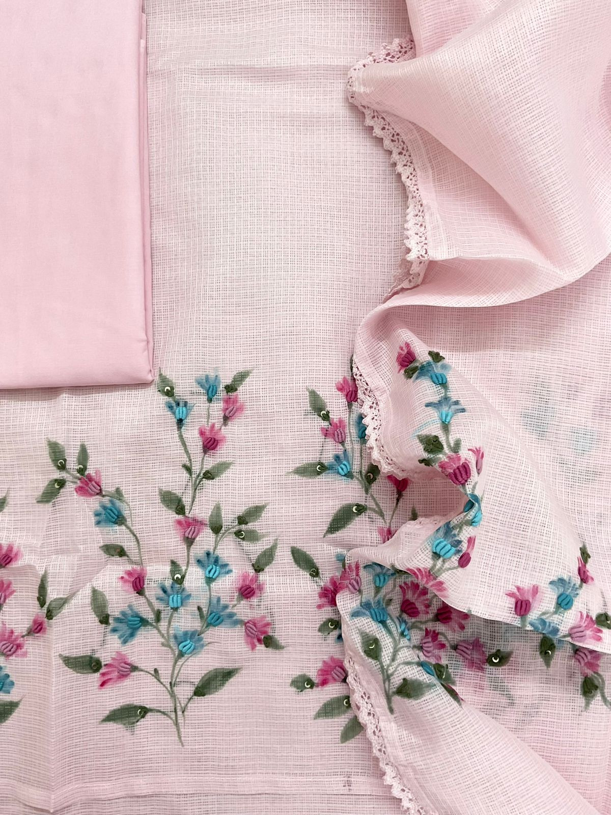 Soft Kota Silk Printed Embroidered Suit - Pink