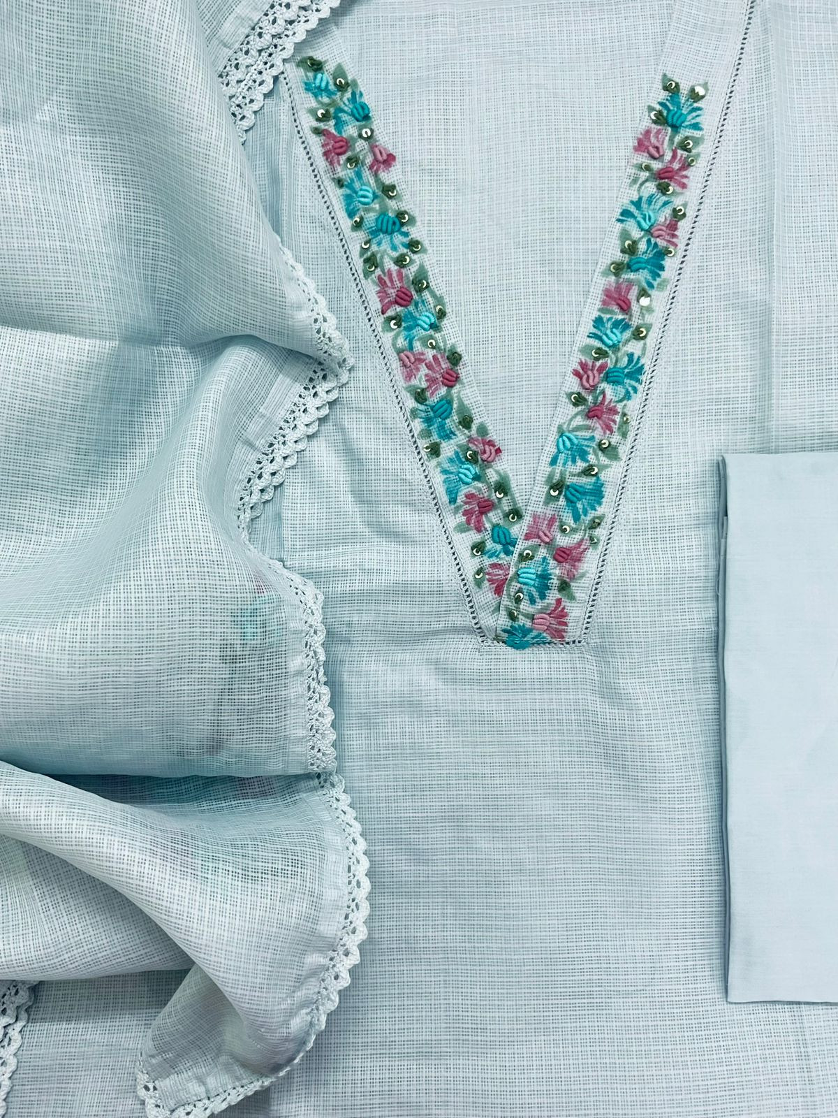 Soft Kota Silk Printed Embroidered Suit - Blue