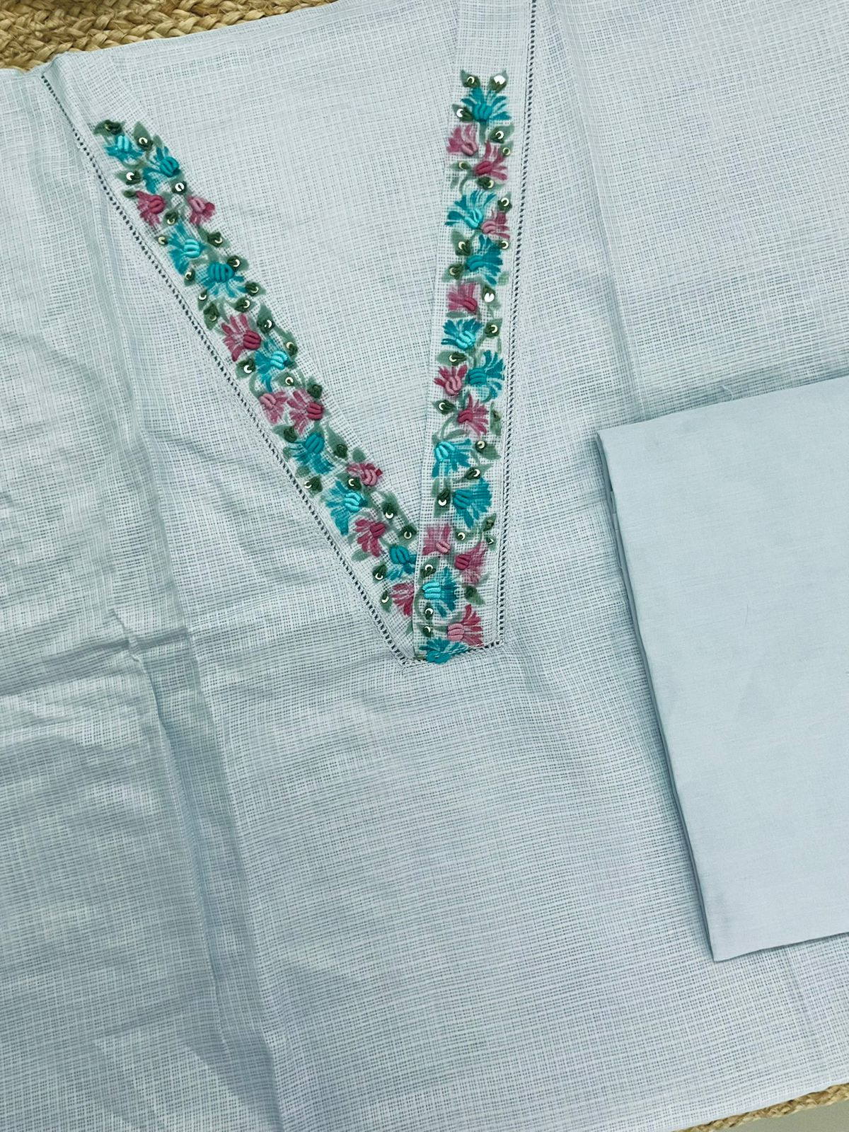 Soft Kota Silk Printed Embroidered Suit - Blue