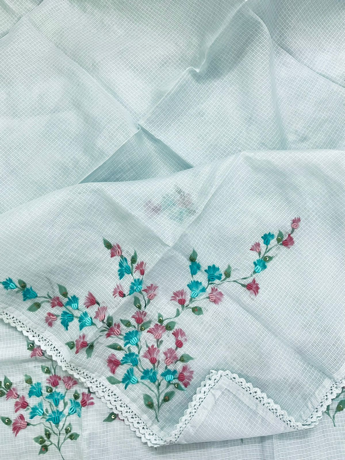 Soft Kota Silk Printed Embroidered Suit - Blue