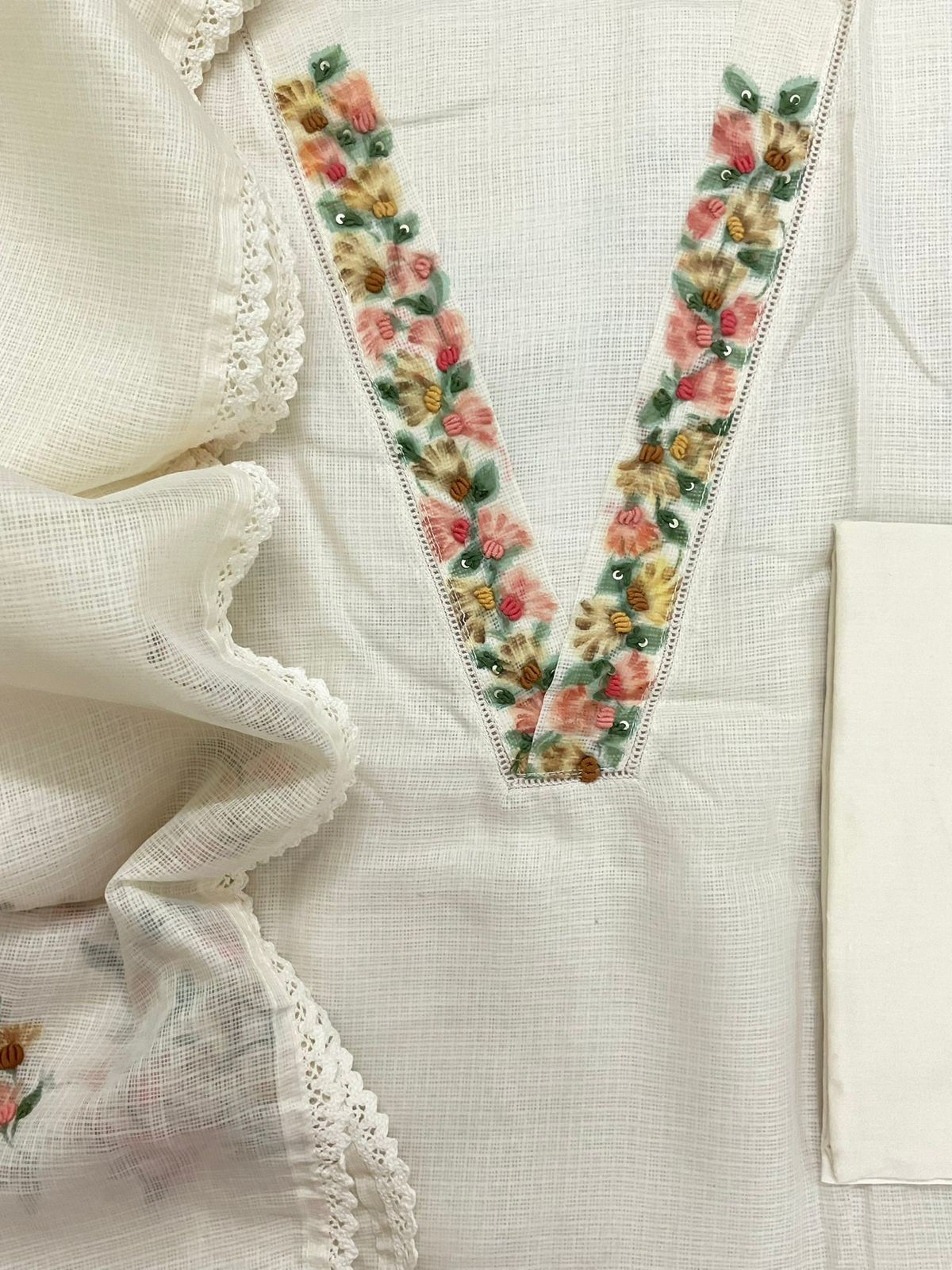 Soft Kota Silk Printed Embroidered Suit - Cream