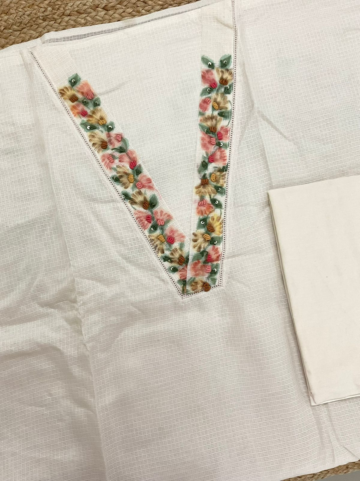 Soft Kota Silk Printed Embroidered Suit - Cream