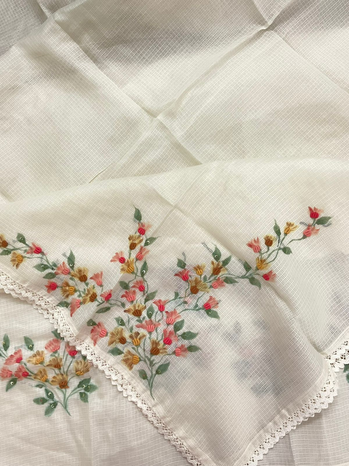 Soft Kota Silk Printed Embroidered Suit - Cream