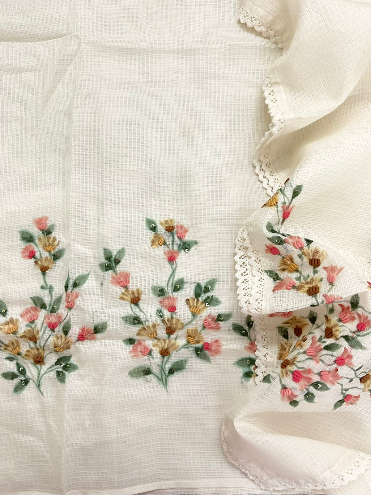Soft Kota Silk Printed Embroidered Suit - Cream
