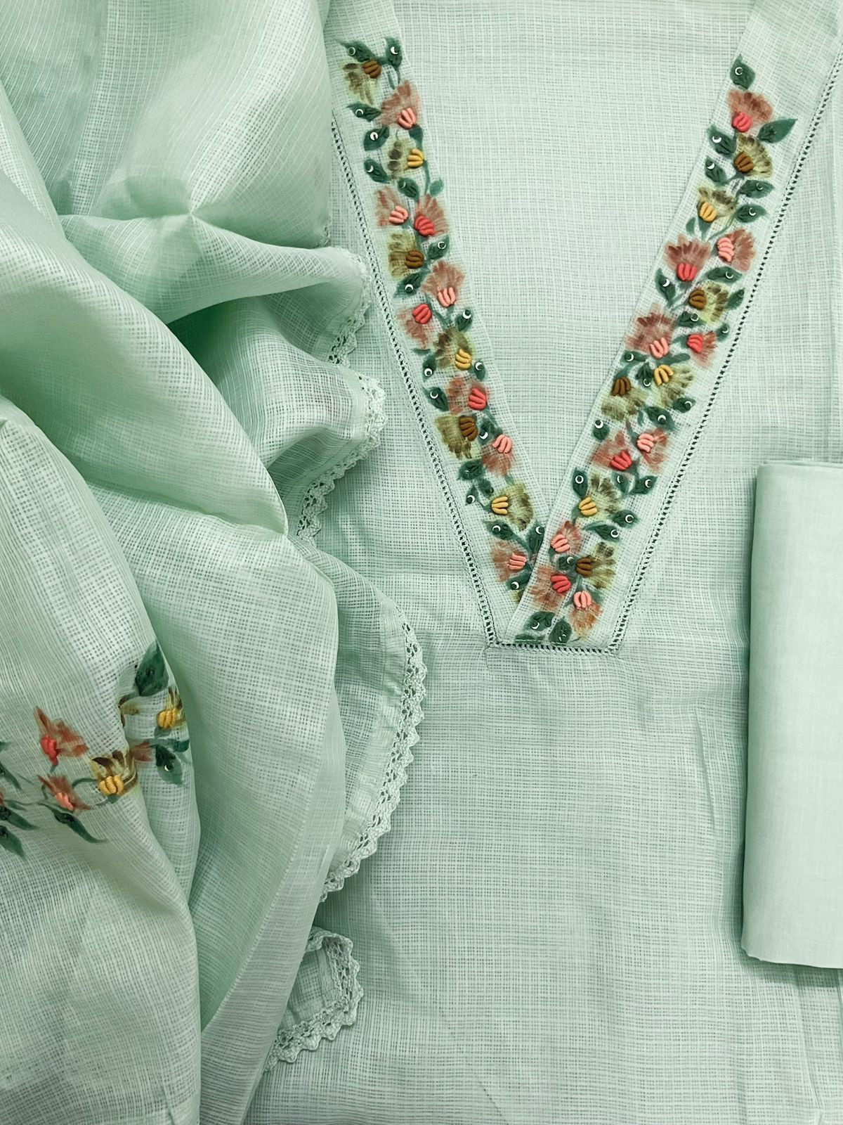 Soft Kota Silk Printed Embroidered Suit - Green