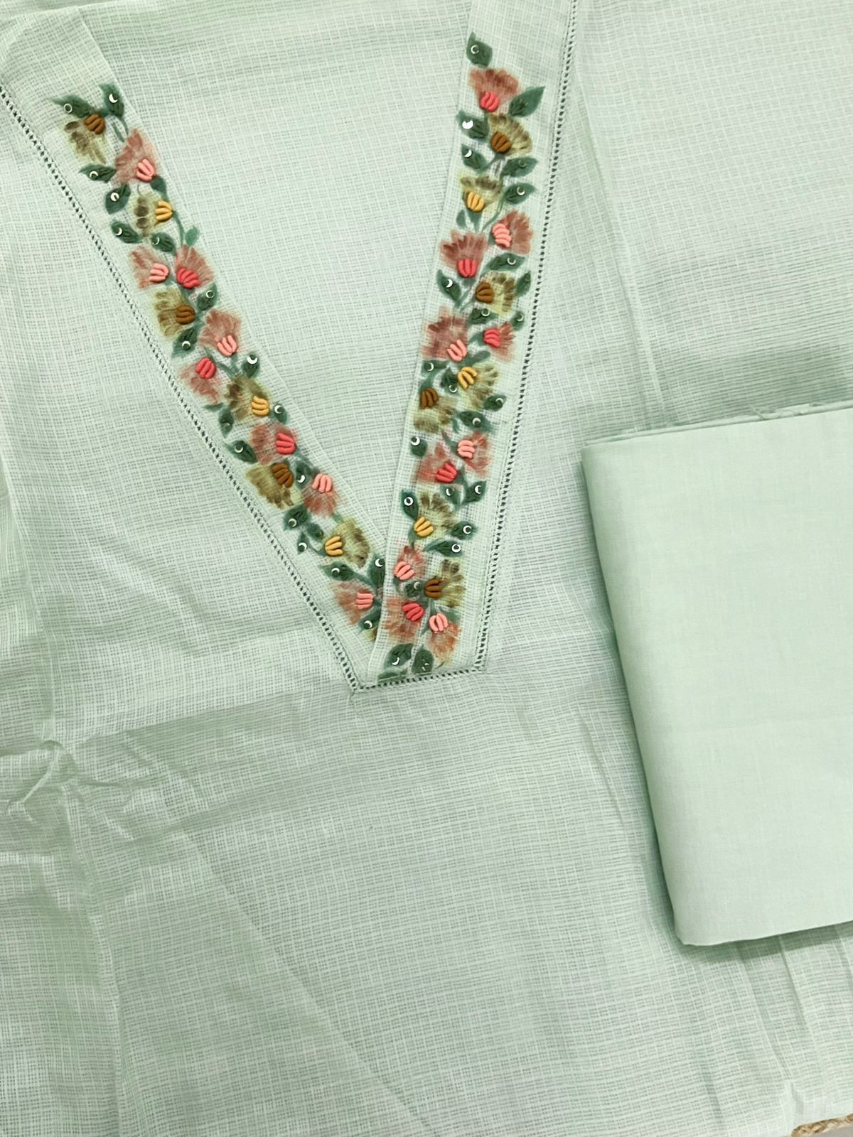 Soft Kota Silk Printed Embroidered Suit - Green