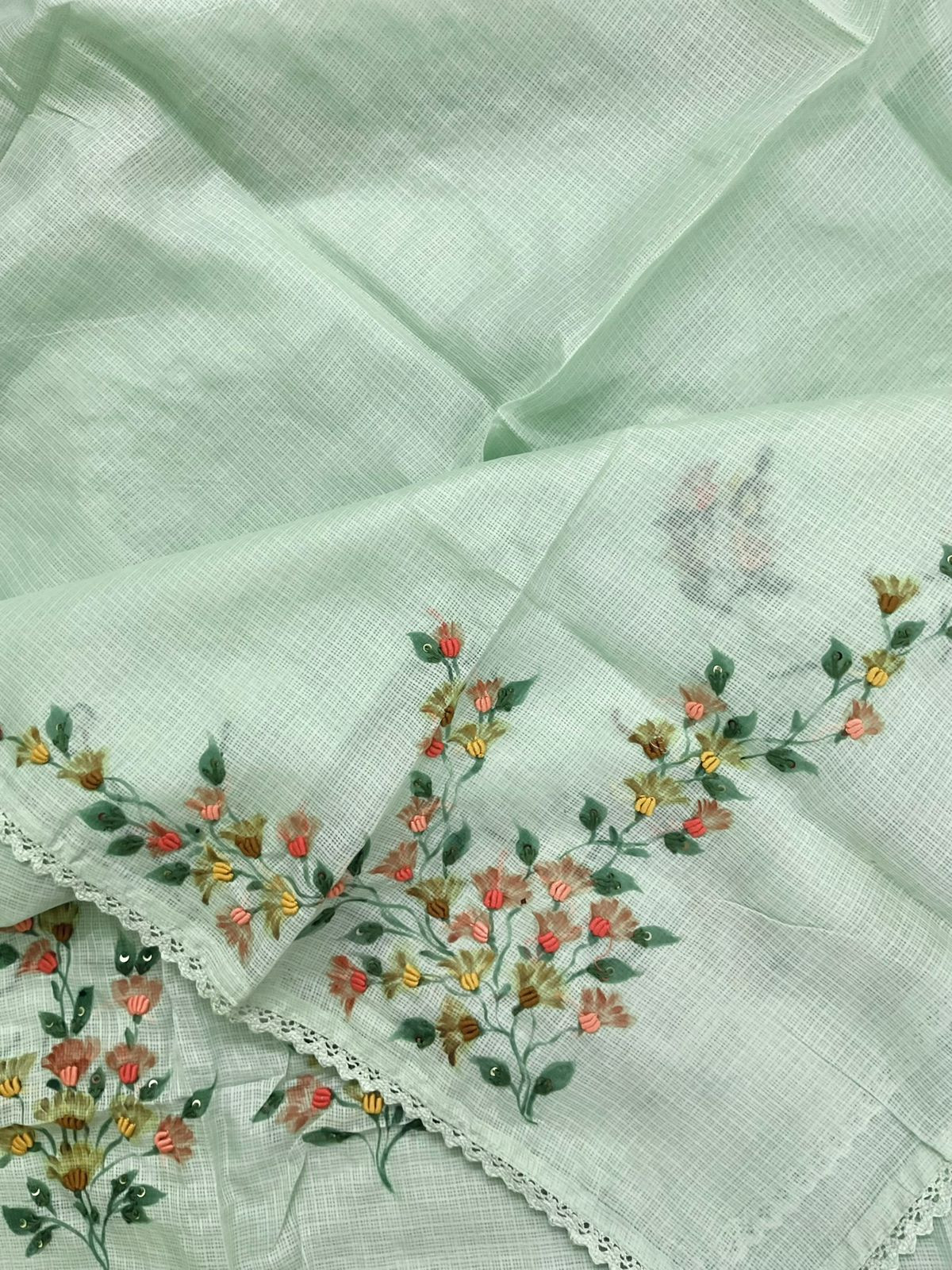 Soft Kota Silk Printed Embroidered Suit - Green