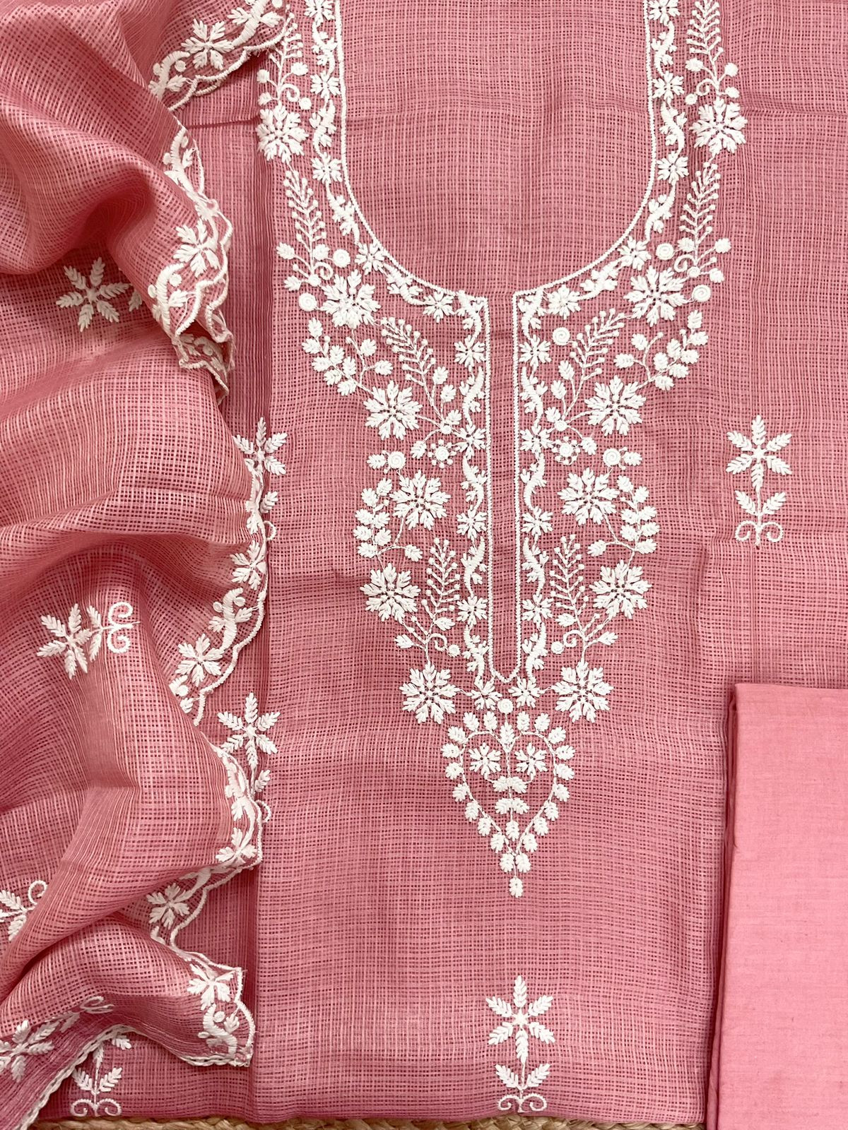 Soft Kota Silk Embroidered Suit - Pink