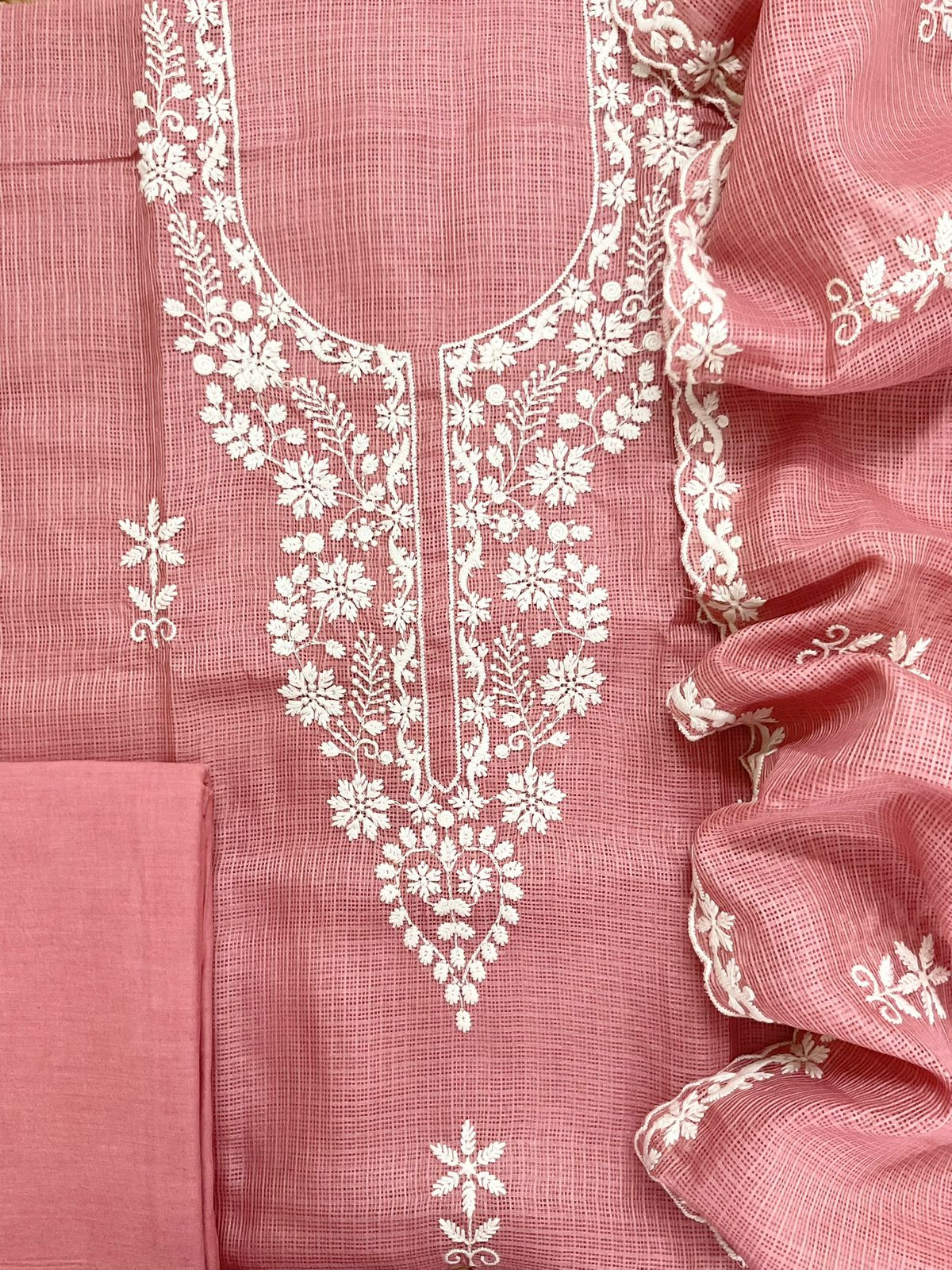 Soft Kota Silk Embroidered Suit - Pink