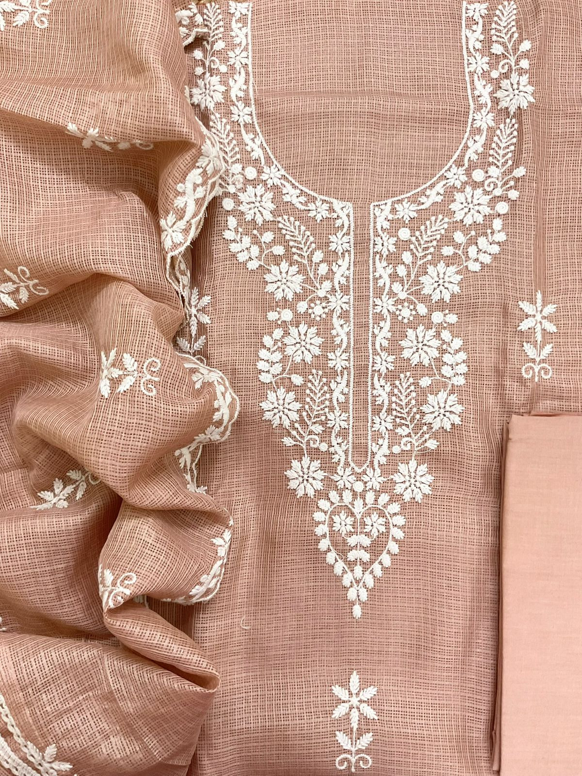 Soft Kota Silk Embroidered Suit - Peach