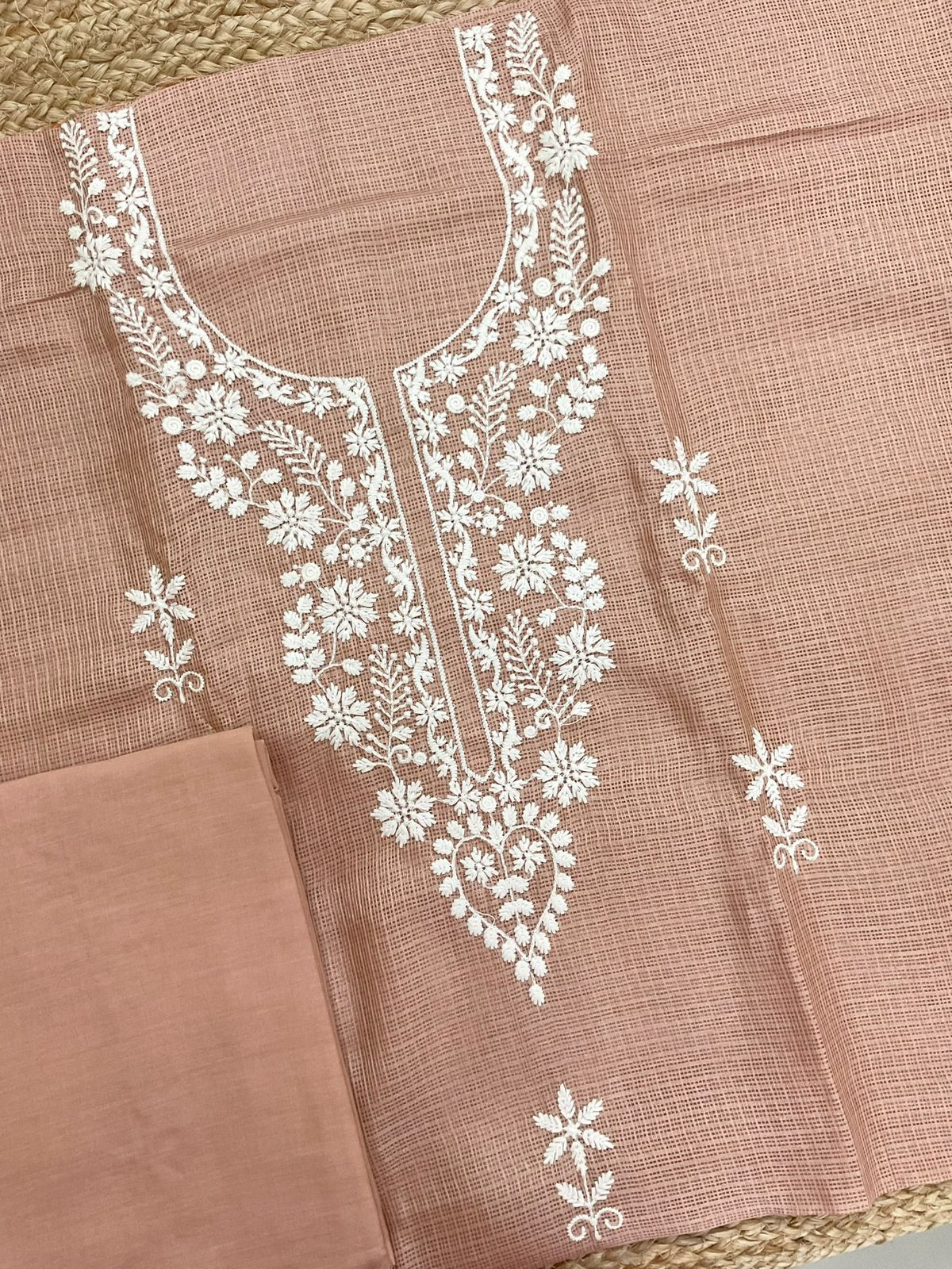 Soft Kota Silk Embroidered Suit - Peach
