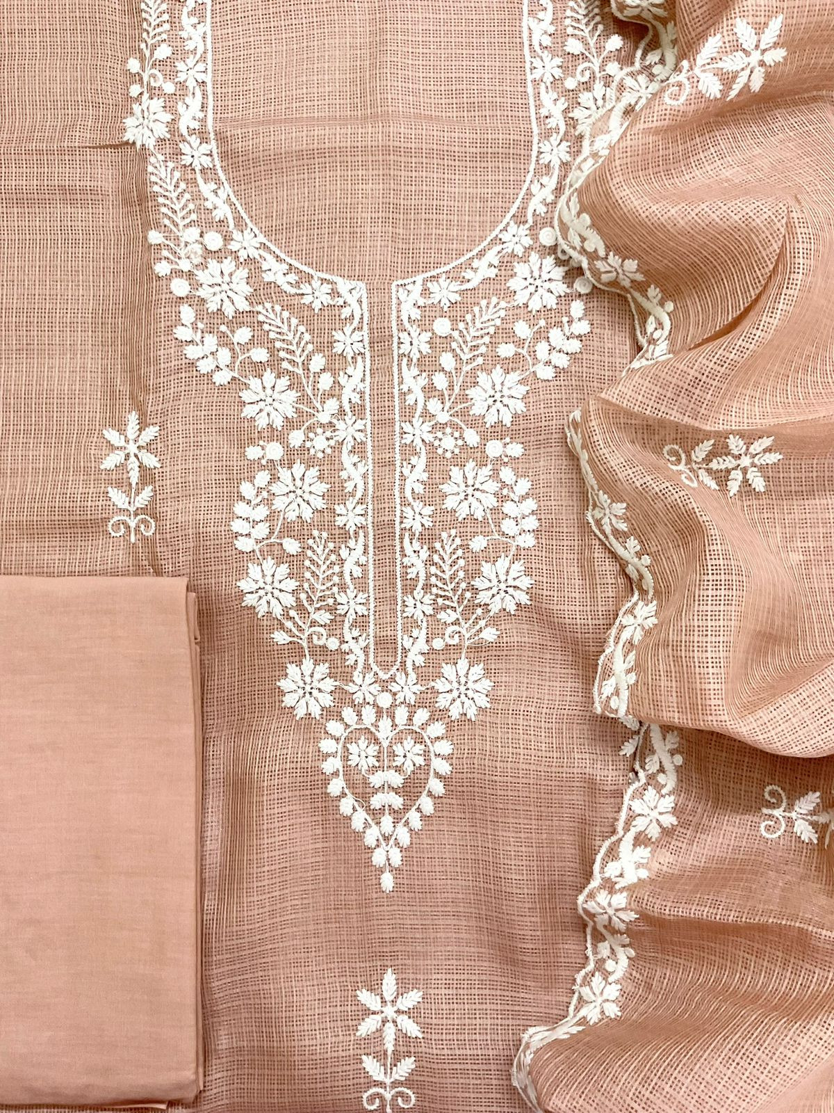 Soft Kota Silk Embroidered Suit - Peach