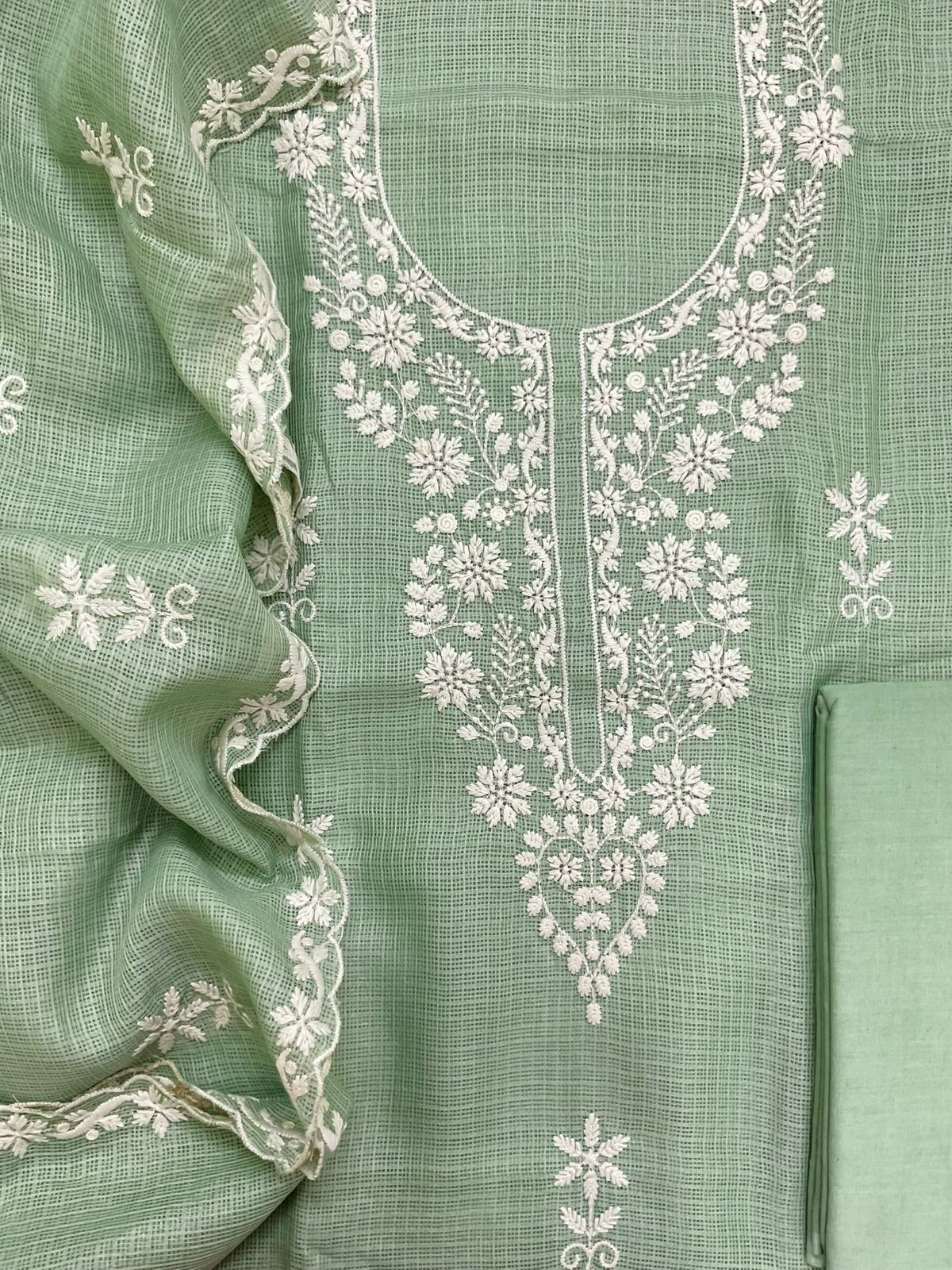 Soft Kota Silk Embroidered Suit - Green