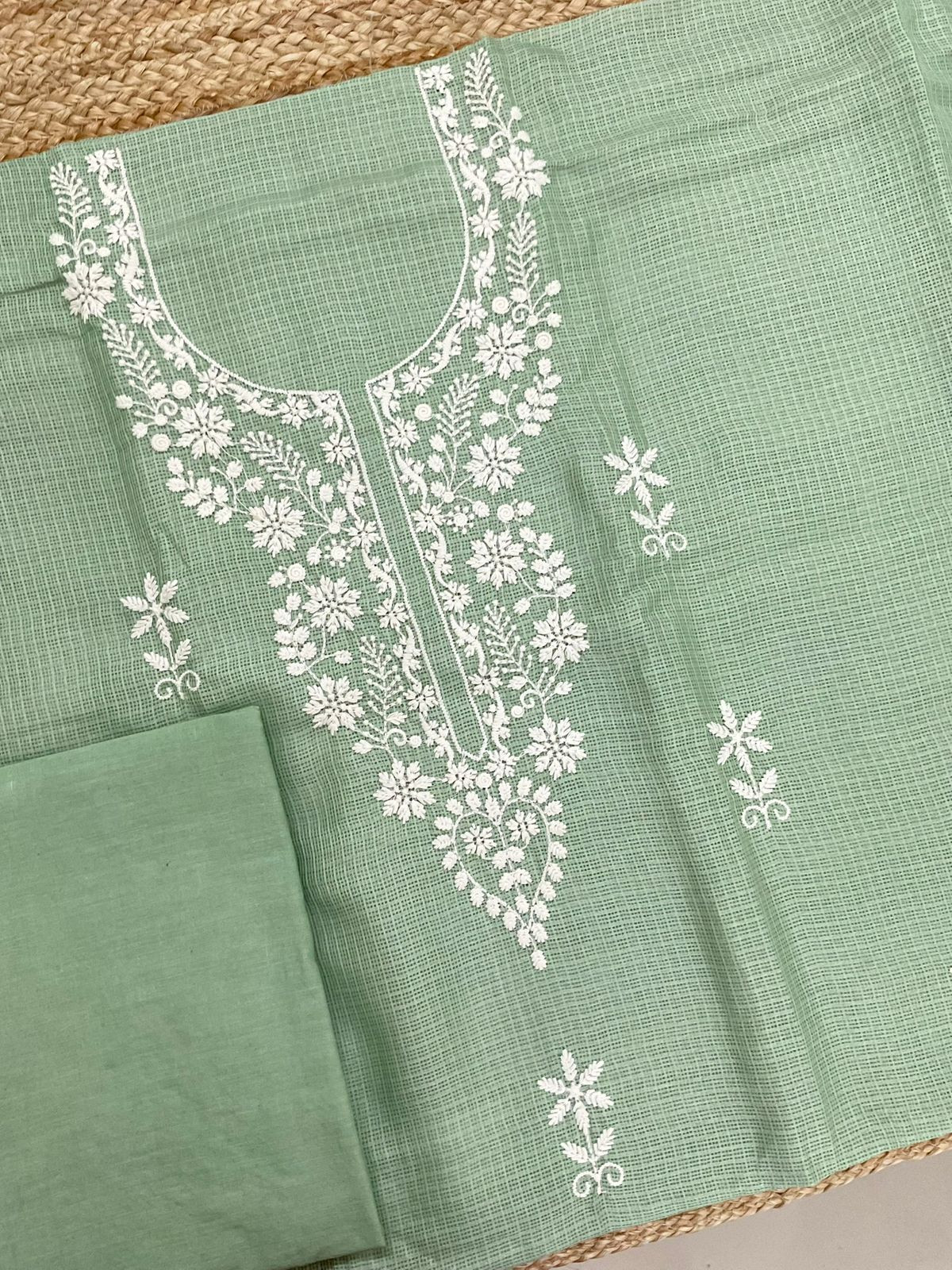 Soft Kota Silk Embroidered Suit - Green