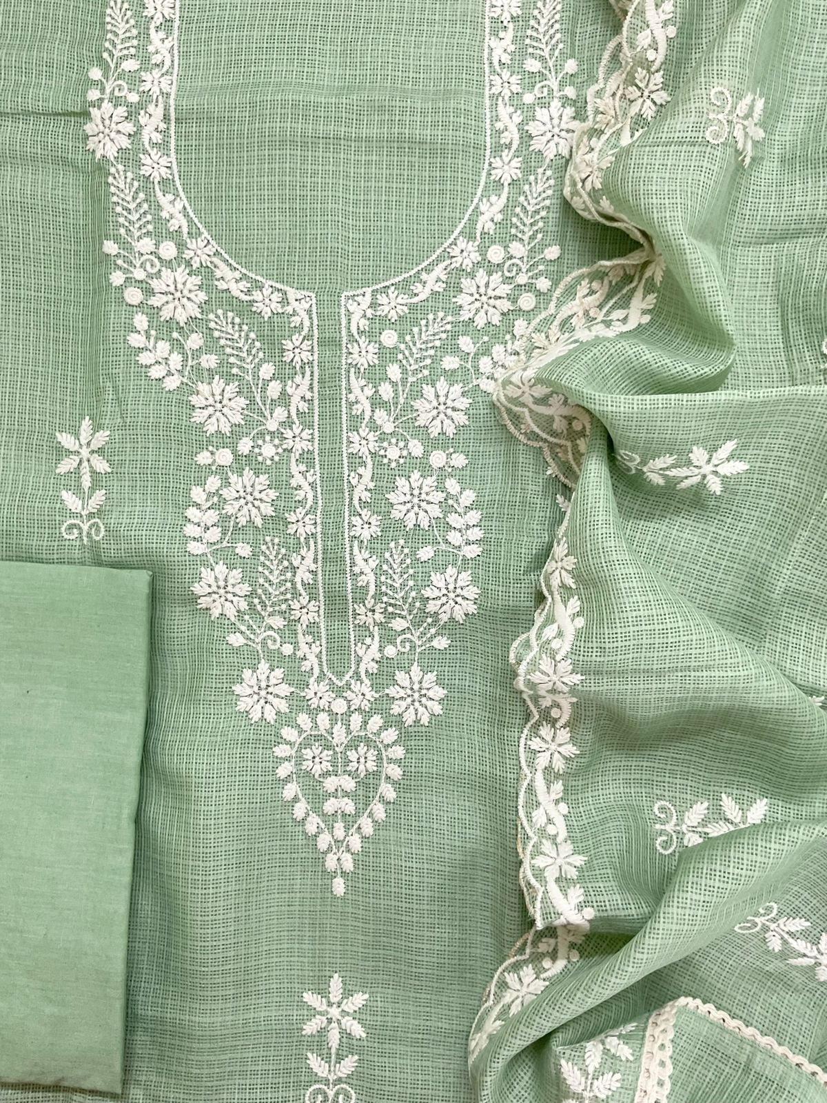 Soft Kota Silk Embroidered Suit - Green