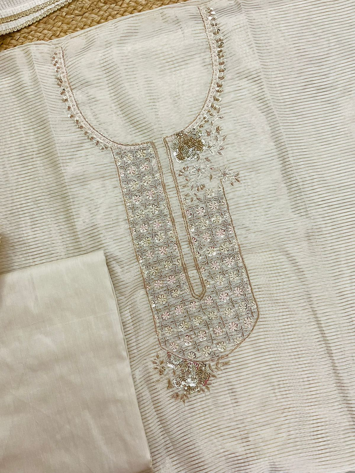 Pure Tissue Shimmer Silk Self Weaved Embroidered Suit - Cream