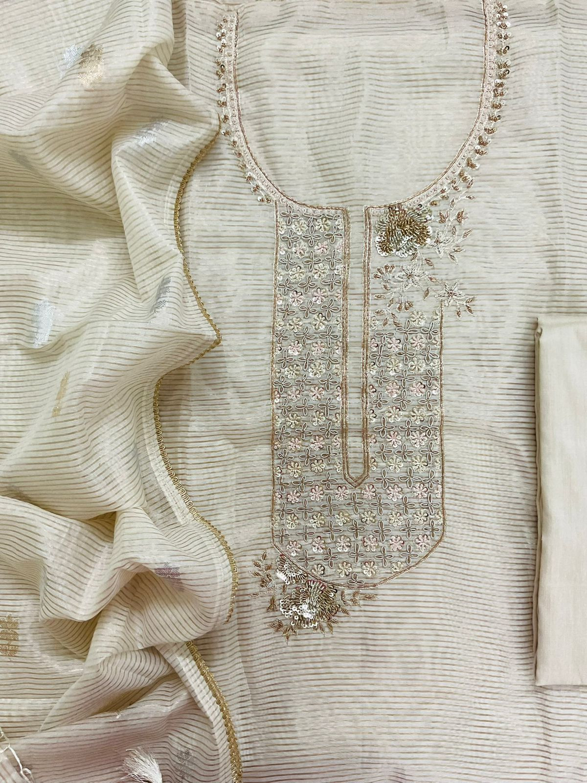 Pure Tissue Shimmer Silk Self Weaved Embroidered Suit - Cream